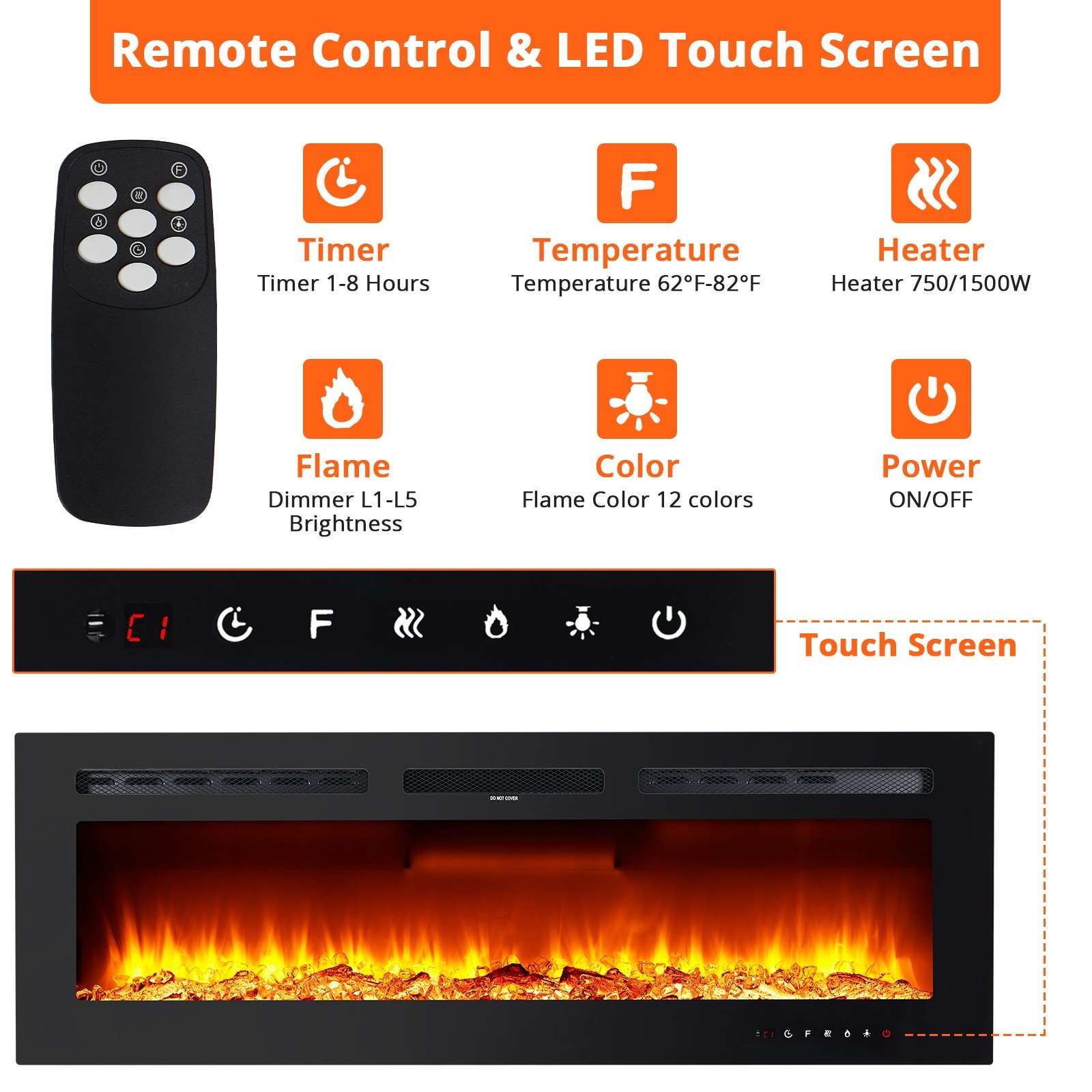 60″ Ultra-Thin Recessed / Wall Mount Electric Fireplace, 1500W Heater, 12-Color