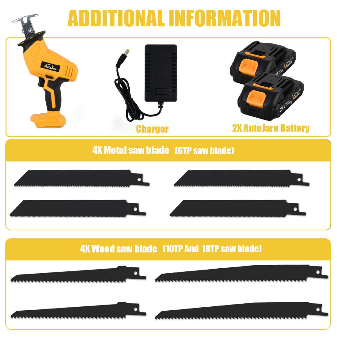 24V Cordless Reciprocating Saw Brushless with 2 Battery & Charger & 8 Saw Blade