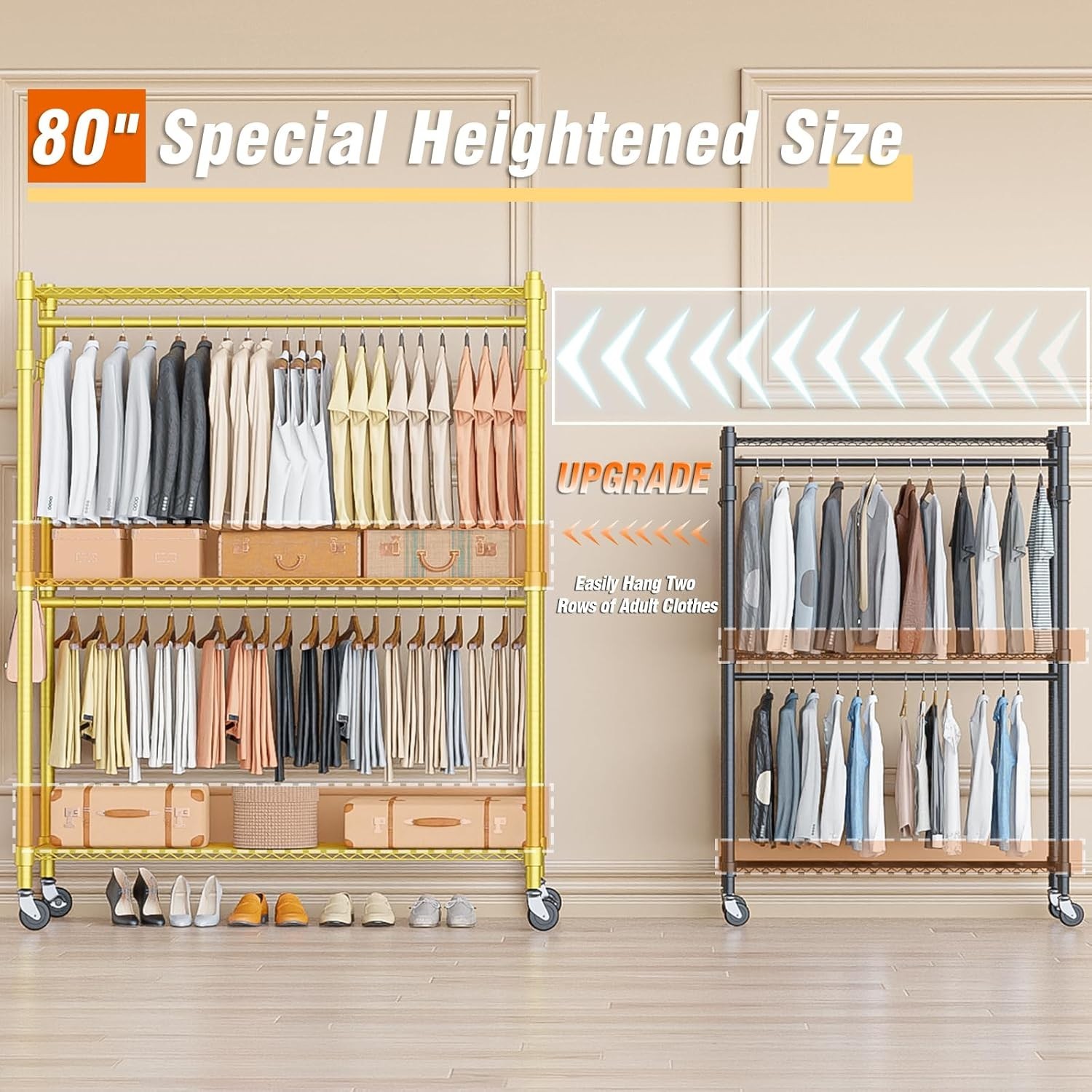 Gold Heavy Duty Clothes Rack with Wheels, 3-Tier Rolling Metal Garment Organi…