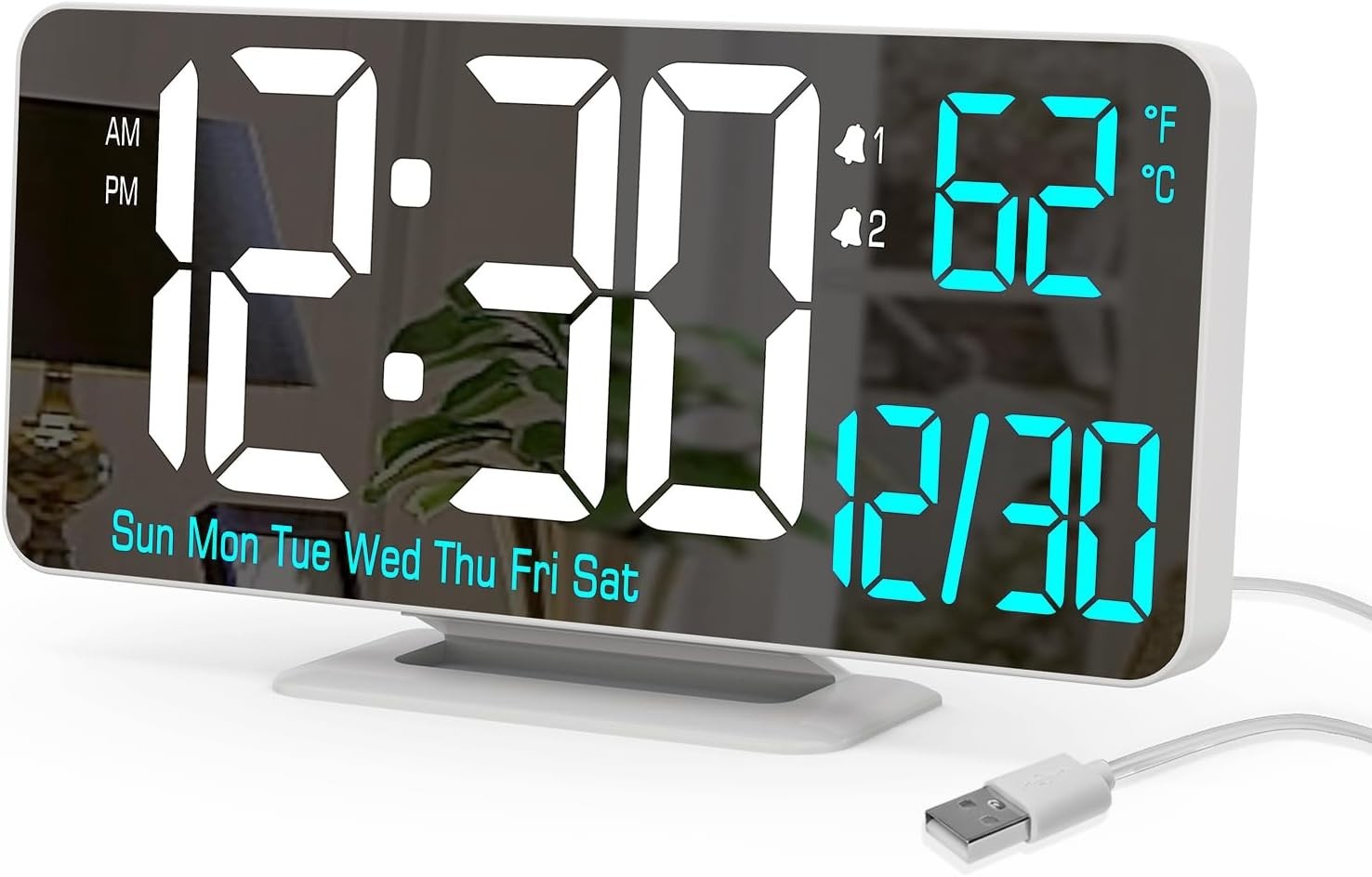 Digital LED Clocks for Bedrooms 6.7in White Alarm Clock, Dimming, 12/24h, Dat…