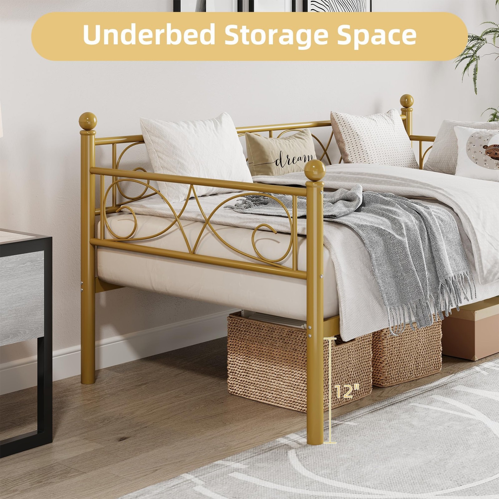 Metal Daybed Frame Twin Size with Headboard Heavy Duty Slats Platform Sofa Bed