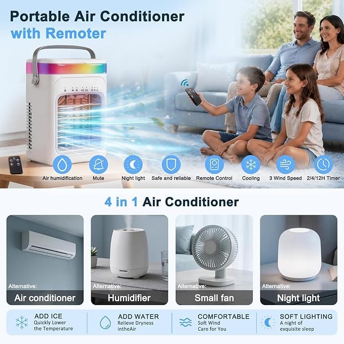 2026 New 4-in-1 Portable Air Conditioner, Sound ≤30dB Mini AC Unit, 12H Runti…