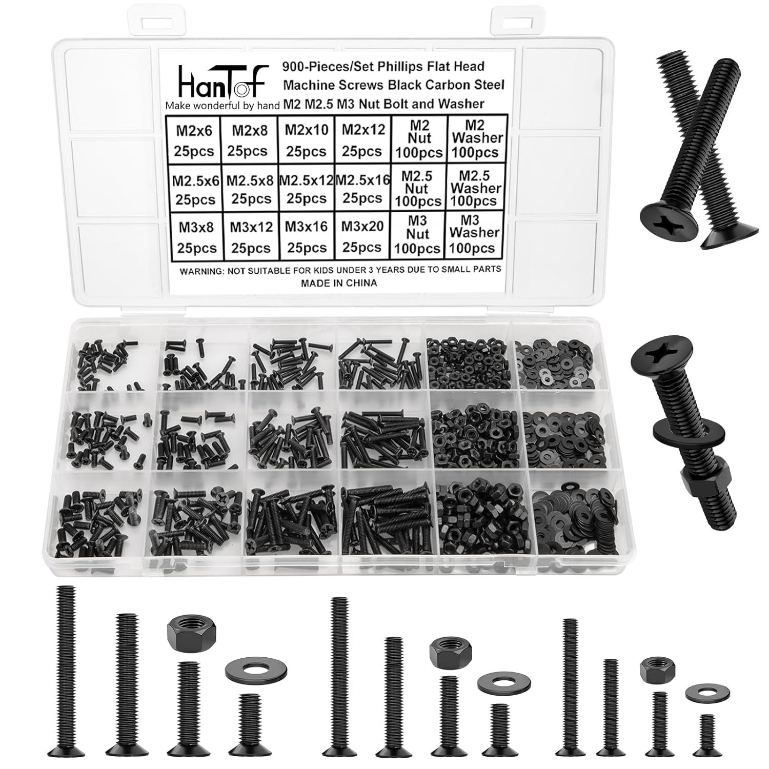 900Pcs M2 M2.5 M3 Screws Bolts Nuts Washers Assortment Kit with Hex Wrench & Box