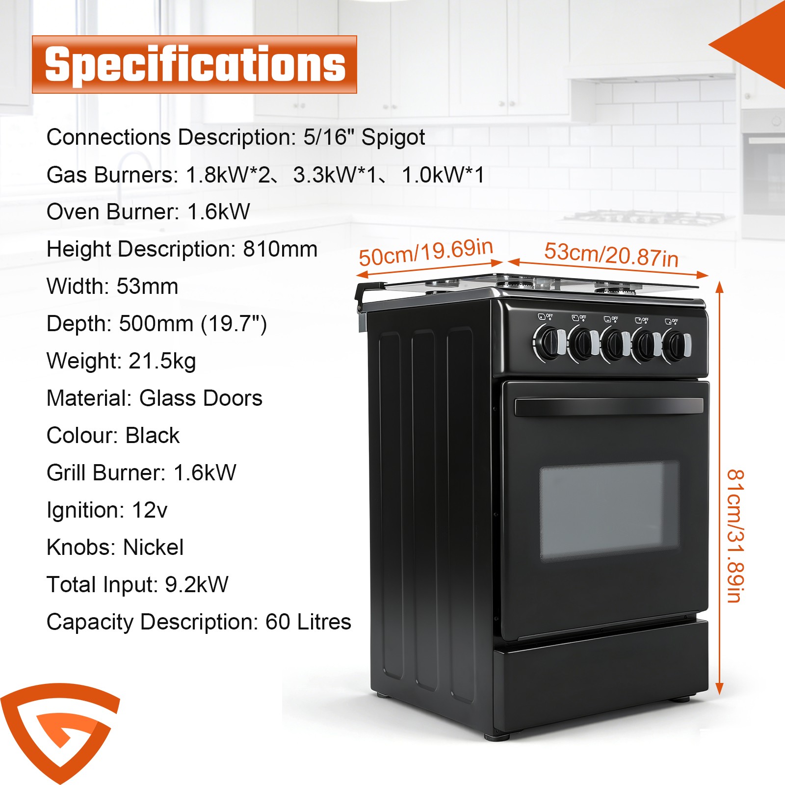 NEW 20″ Free Standing Gas Stove Oven Range,4 Burner LPG Cooktop with 60L Oven