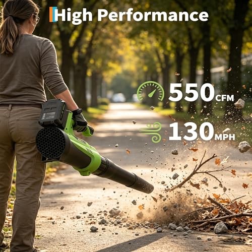 Cordless Leaf Blower, 6-Variable Speed, 550CFM & 130MPH, Electric Leaf Green
