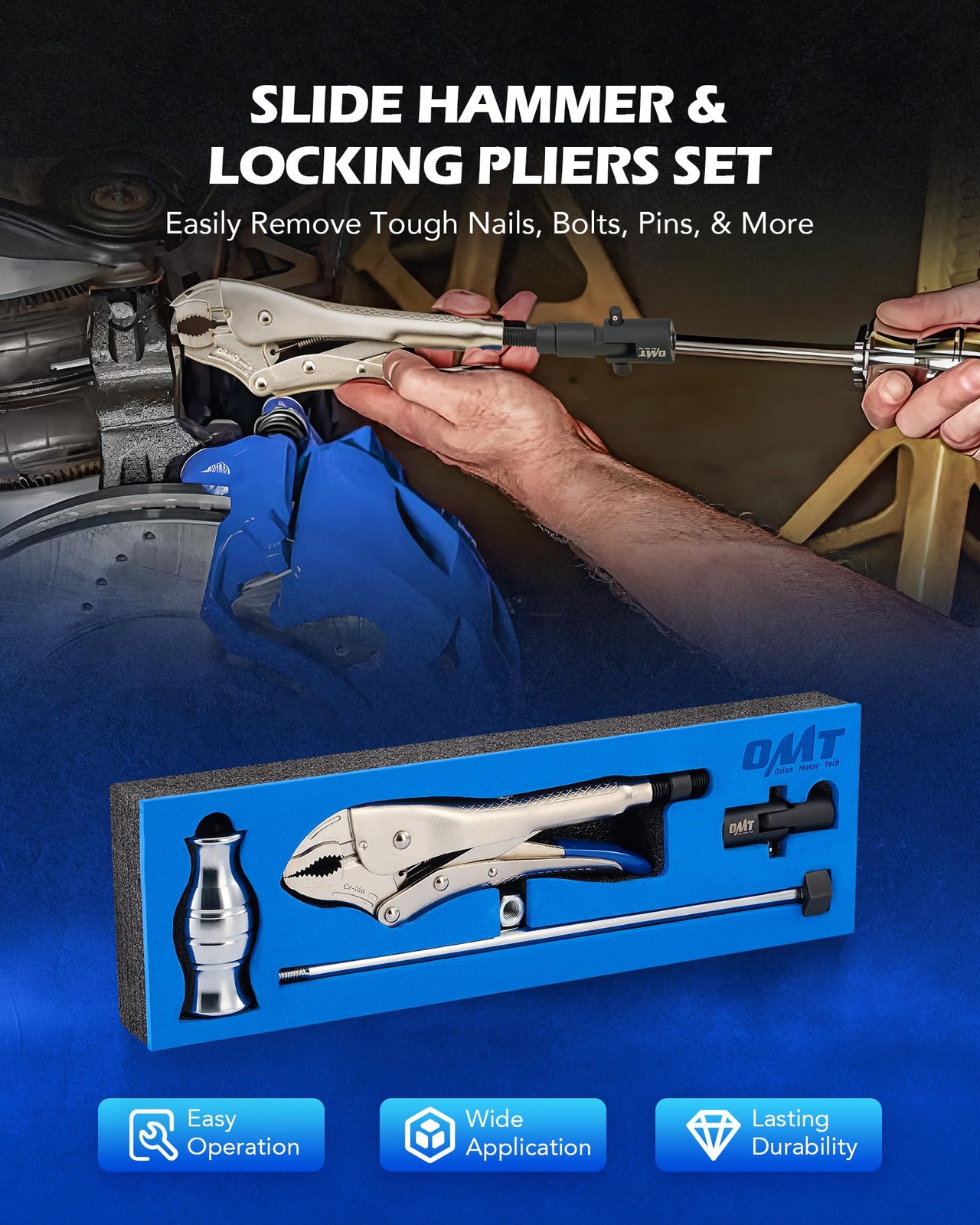 Orion Motor Tech Vise Grip Slide Hammer, 9.8 in Locking Pliers 2 lb Blue