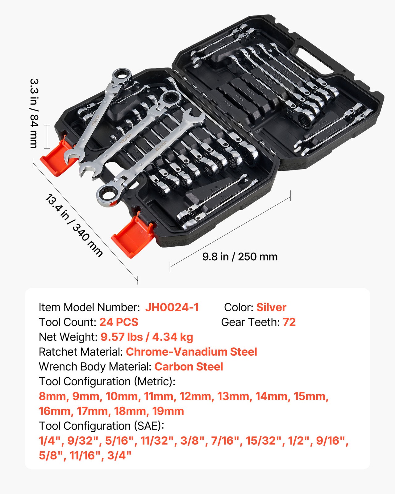VEVOR Flex-Head Ratcheting Wrench Set Combination Wrench Set 24-Piece SAE Metric