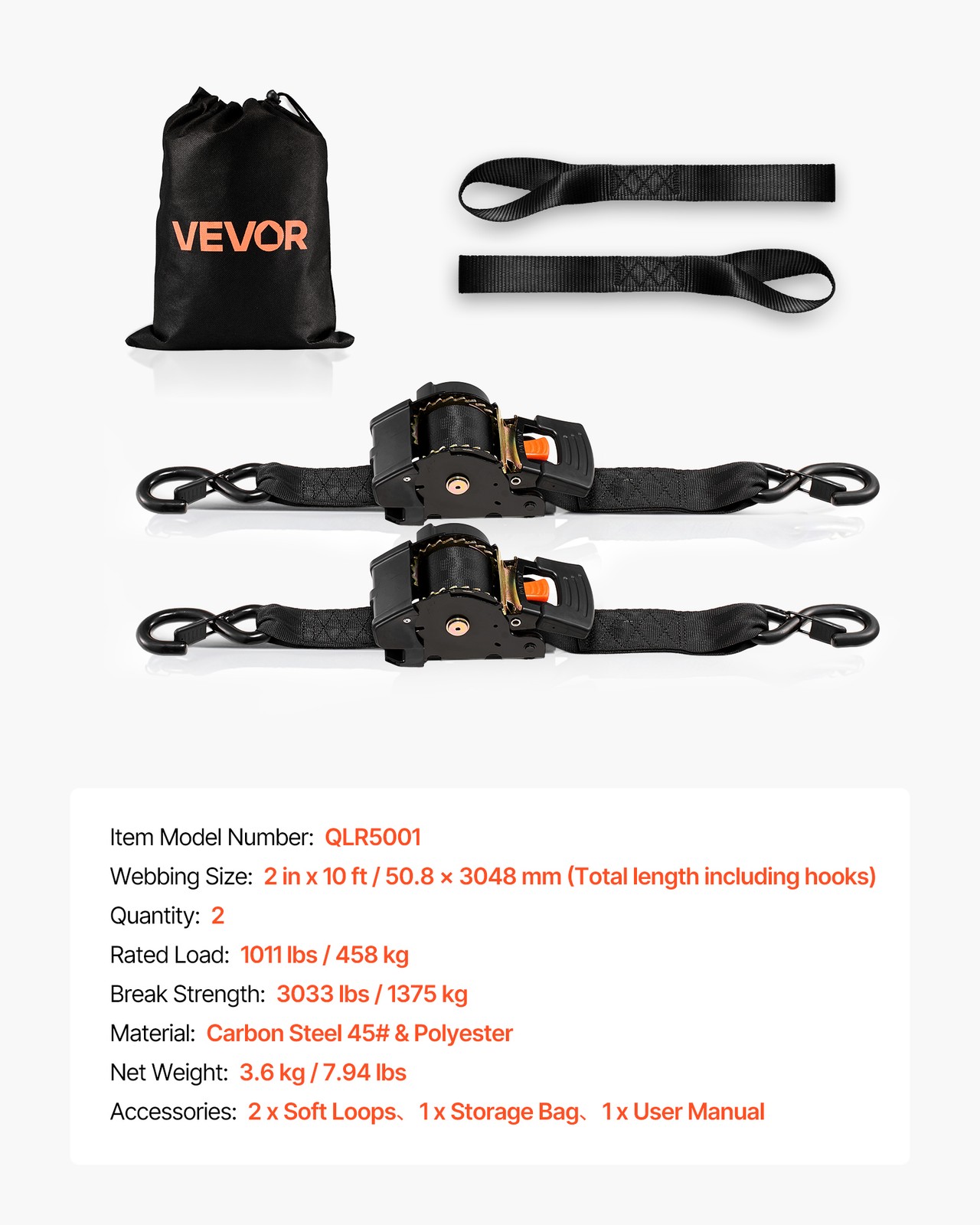VEVOR 2 Pack Retractable Ratchet Straps 2″ x 10′ Tie Down Straps 3033 lbs