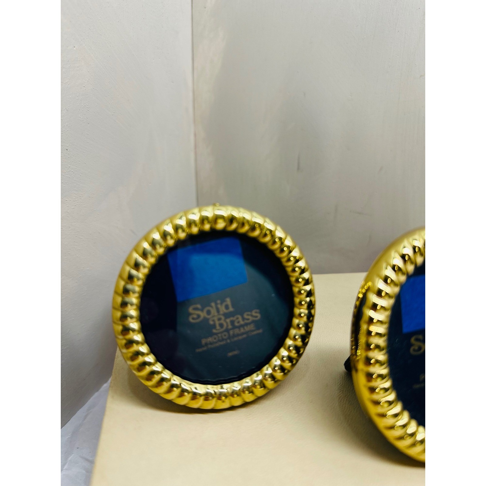 Solid Brass Mini Photo Frame Set 3 Piece Vintage Gold Round Oval Rope Border