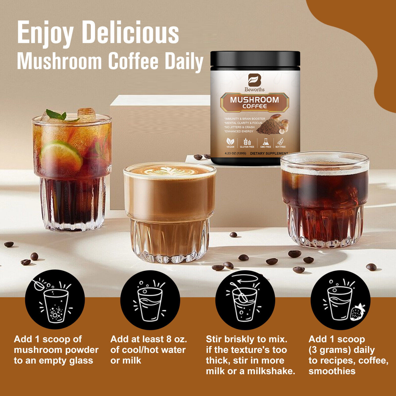 Mushroom Coffee-Organic Coffee Supplement – Boost Energy 22-80 Servings