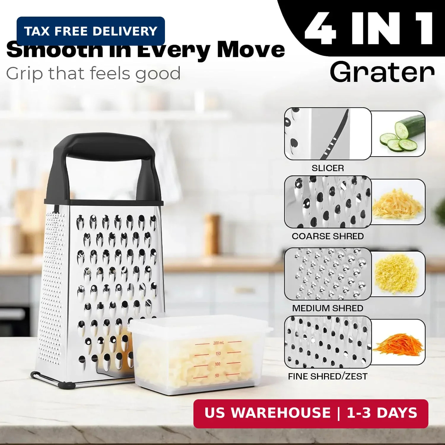 Box Cheese Grater Stainless Steel with Container Handle 4-Sided Shredder Black