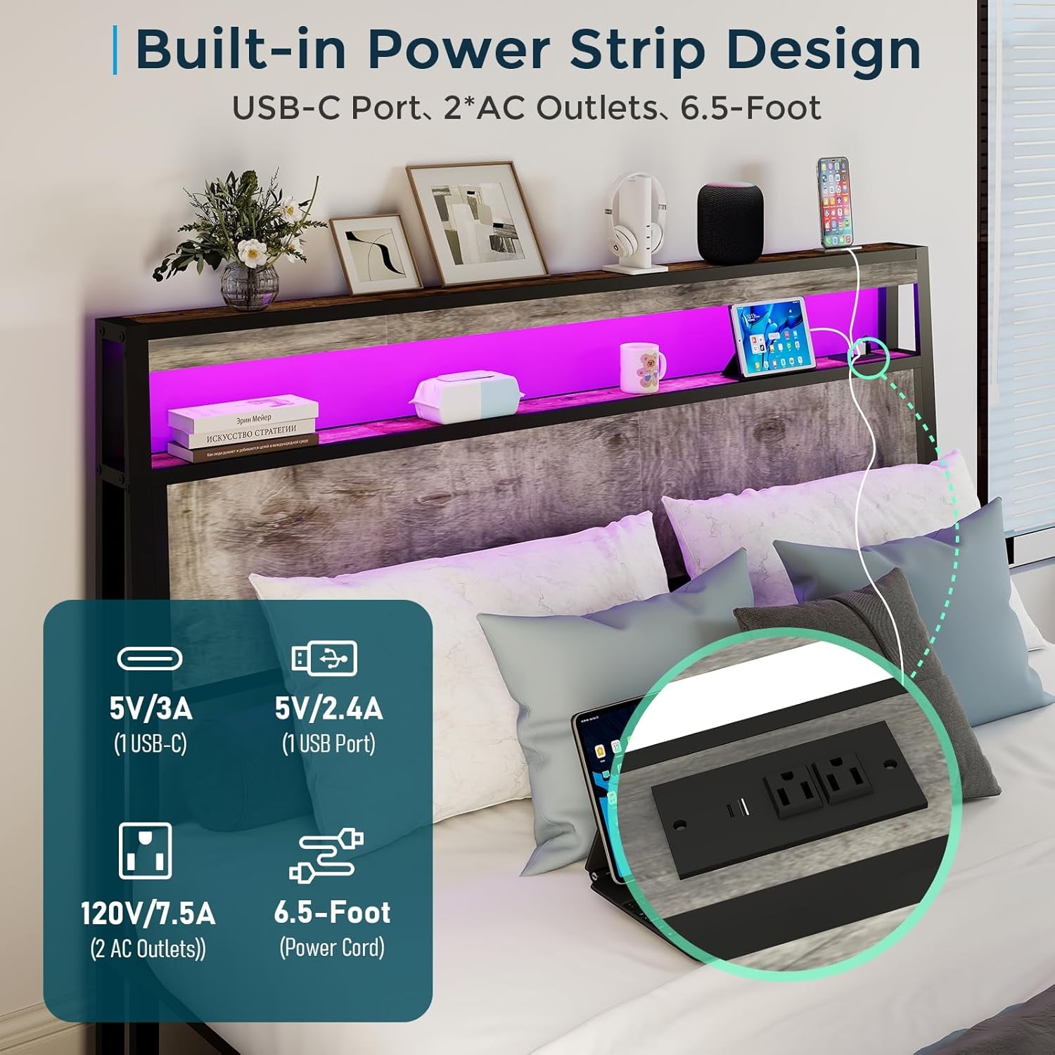 Full Queen King Bed Frame with Storage Headboard ,Charging Station & LED Lights