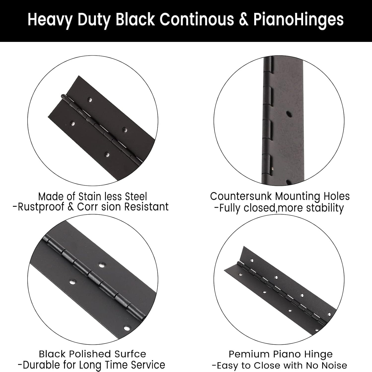2PCS Black 6-Inch Heavy Duty Piano Hinge,2″ Open Width Stainless Steel Continuou