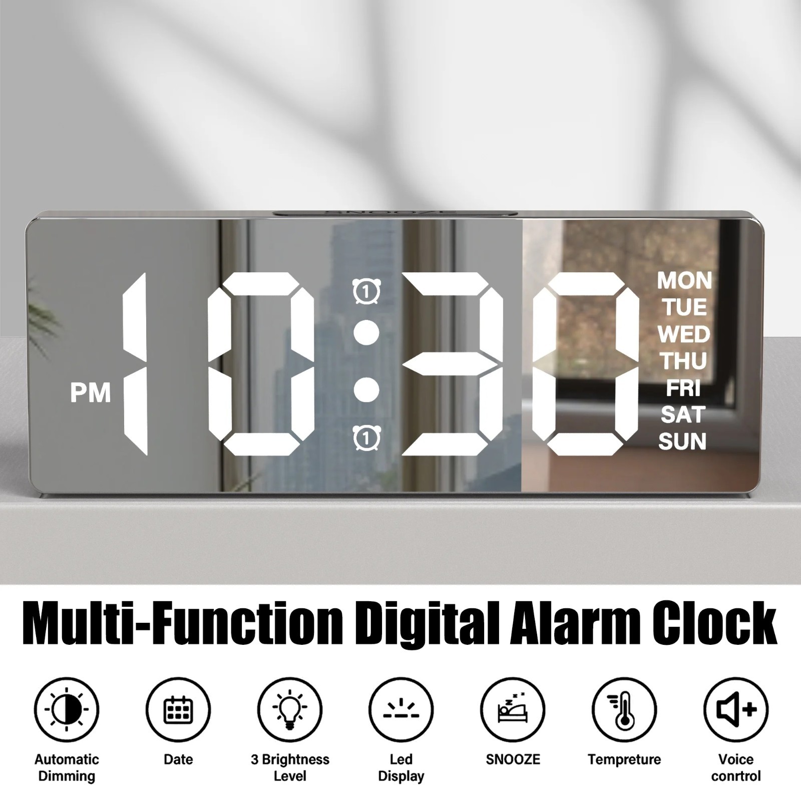 LED Mirror Alarm Clock with USB Charging Por Snooze Function for Bedroom Desk