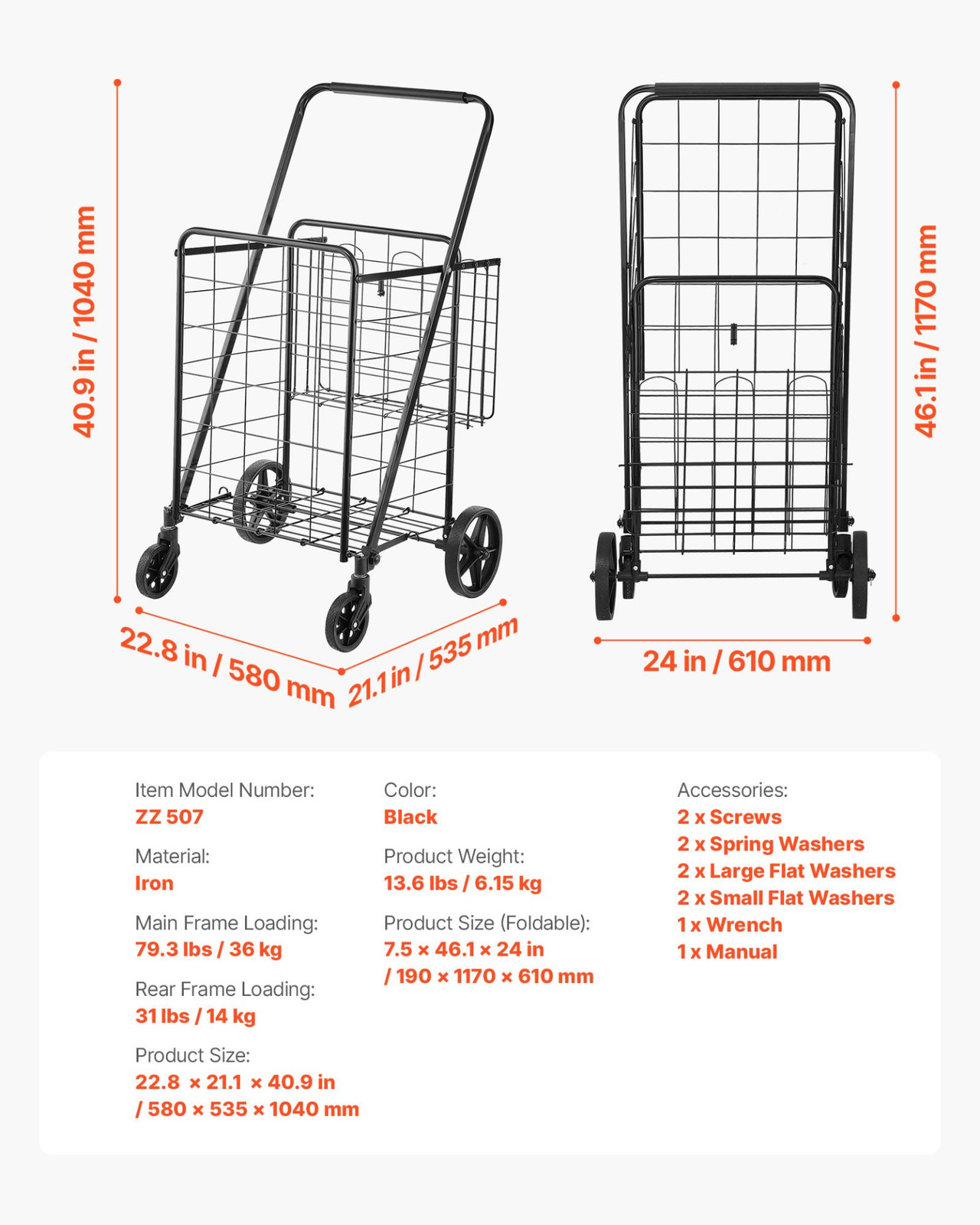 VEVOR Folding Shopping Cart, Jumbo Grocery Cart with Double Baskets, 360° Swivel