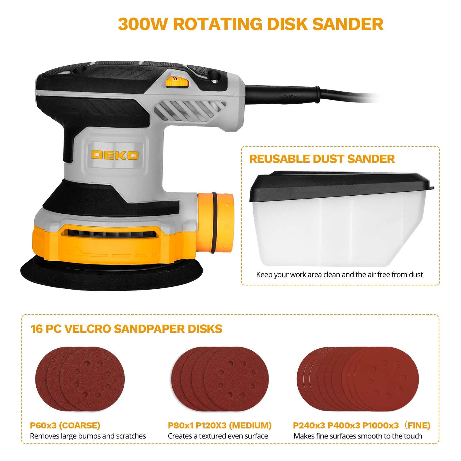 Orbital Sander Corded Hand Sander: 5″ Random Orbital Sander with Dust Box, 6 …