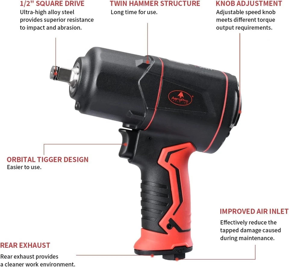 1/2-Inch Composite Air Impact Wrench(A315), Twin Hammer, 1290FT-LBS Max 8000RPM