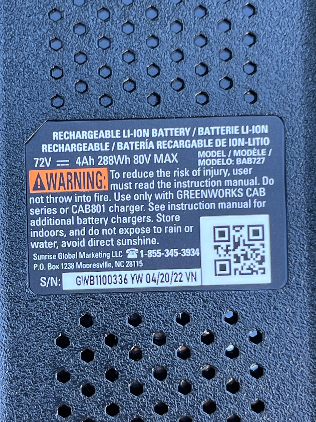 Genuine Greenworks 80V Lithium Ion 4.0Ah Rechargeable Li-ion Battery BAB727