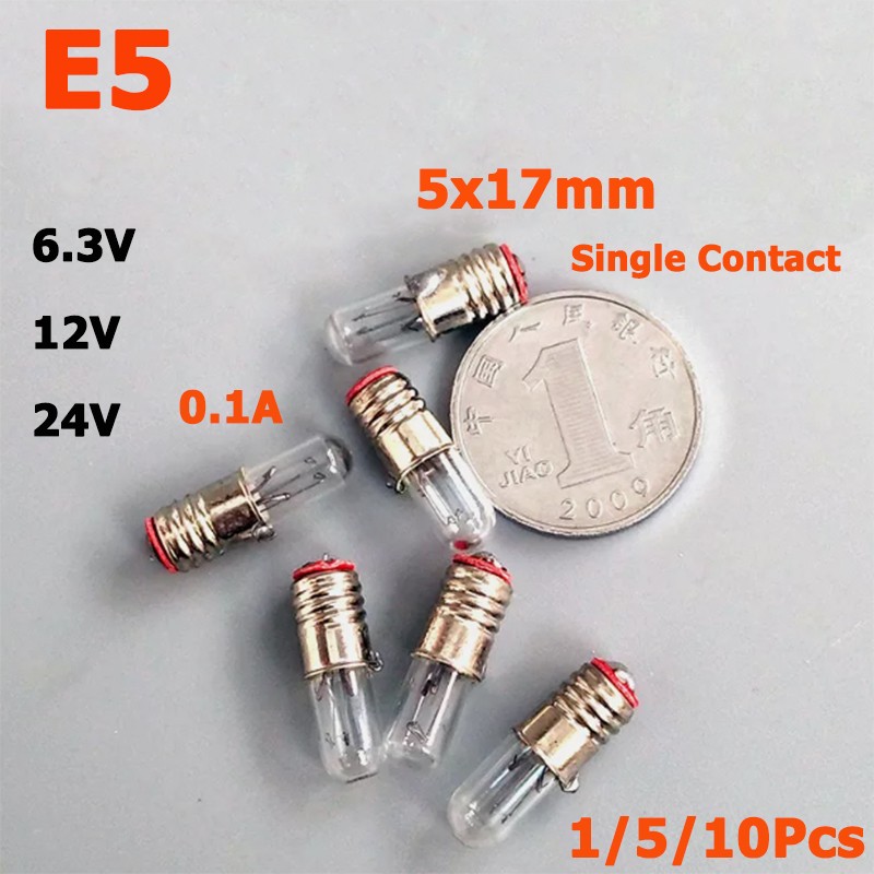 E5 Screw Mini Light Bulb Small Signal Lamp Beads 6.3V/12V/24V 0.1A 0.5W 5x17mm