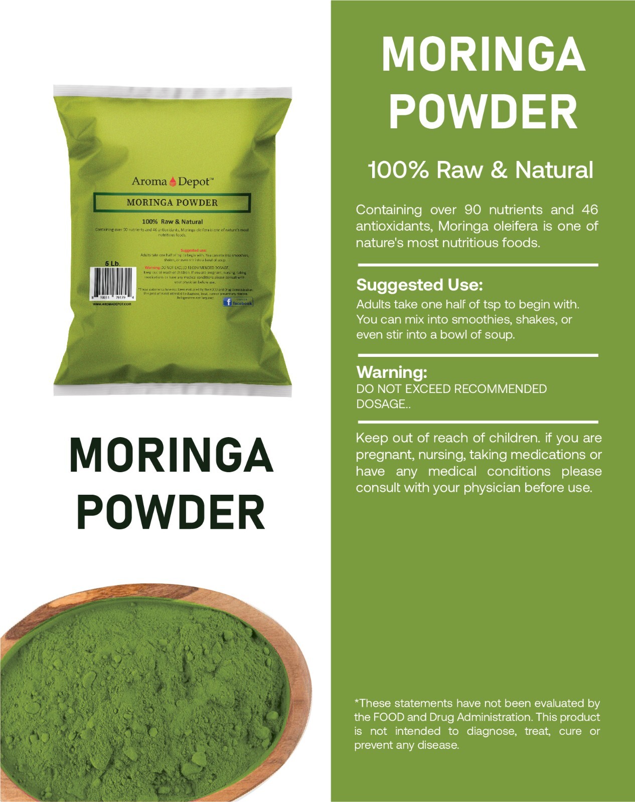 Moringa Powder oleifera Leaf 100% Pure Natural Superfood Gluten Free Lot