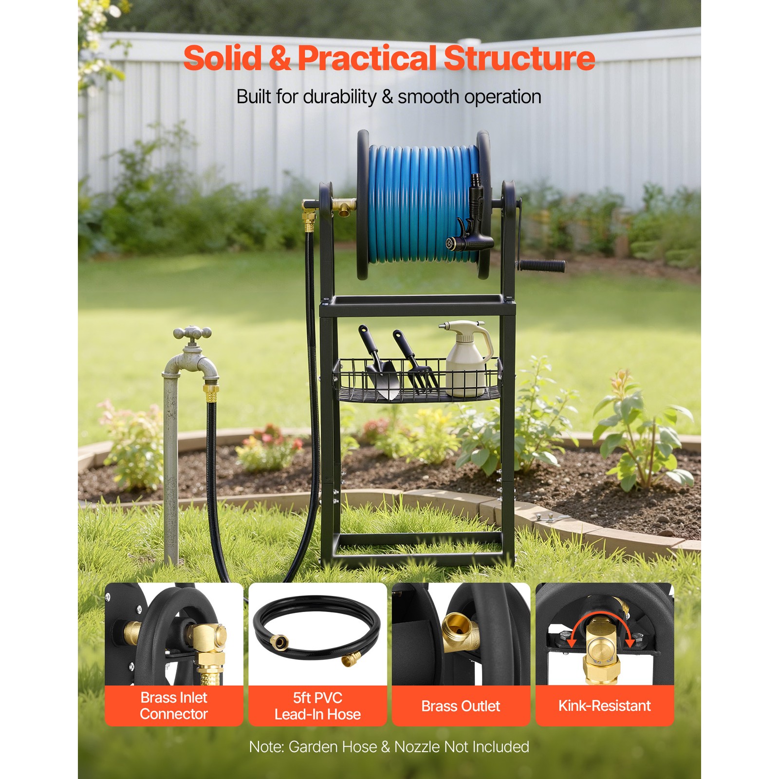 Uimoso Freestanding Hose Reel for 125 ft of 5/8-inch Hose, Wall-Mount Option