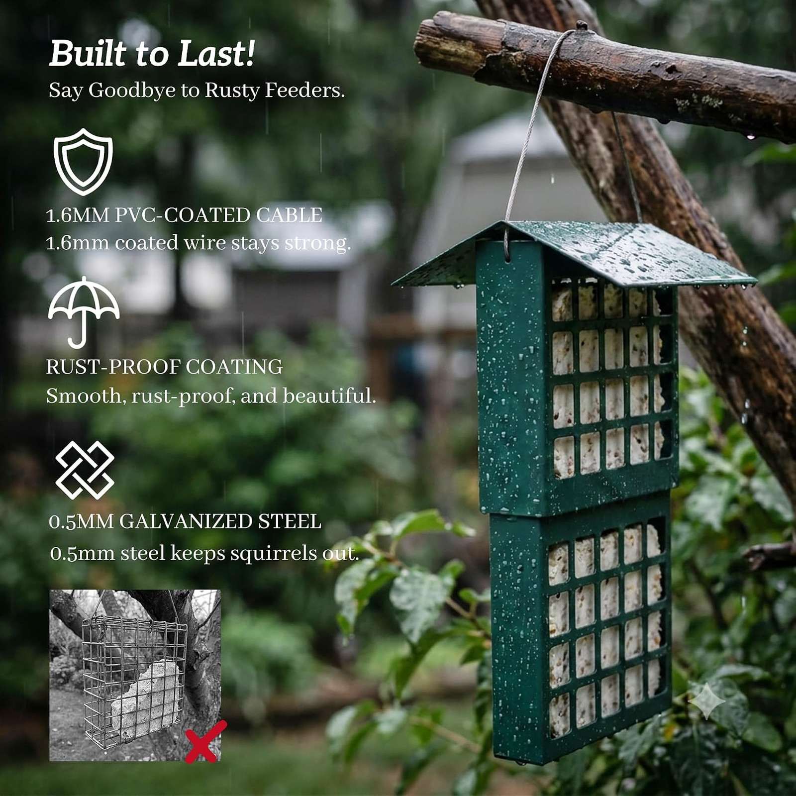 Wild Bird Feeder Suet Metal Hanging Double Capacity All Weather galvanized steel