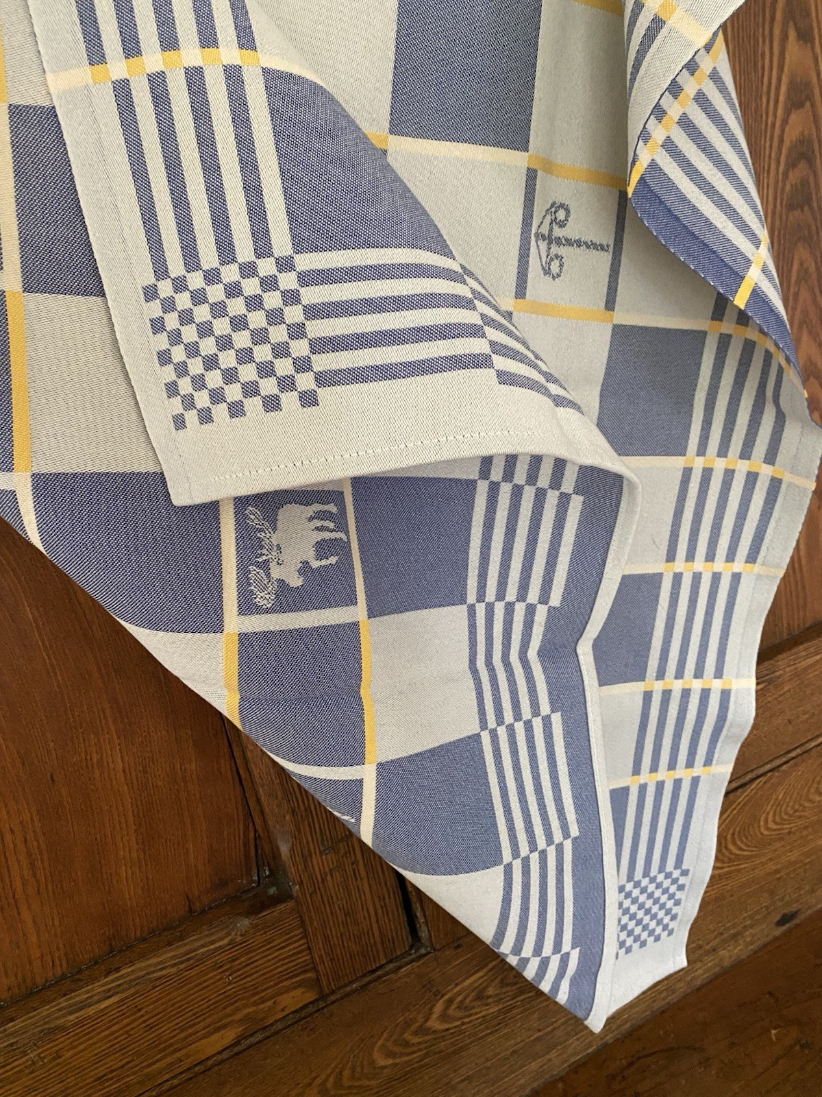 Ekelund Sweden weavers woven square tablecloth Swedish blue yellow moose horse