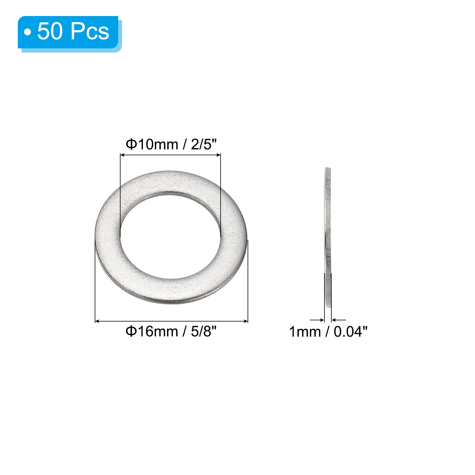 50 Pcs 304 Stainless Steel Flat Washer Metal Fender Washers (M10x16x1mm)