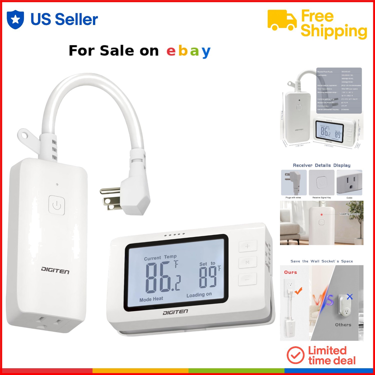 Wireless Thermostat Outlet Digital Remote Control 1800W for Heating Cooling