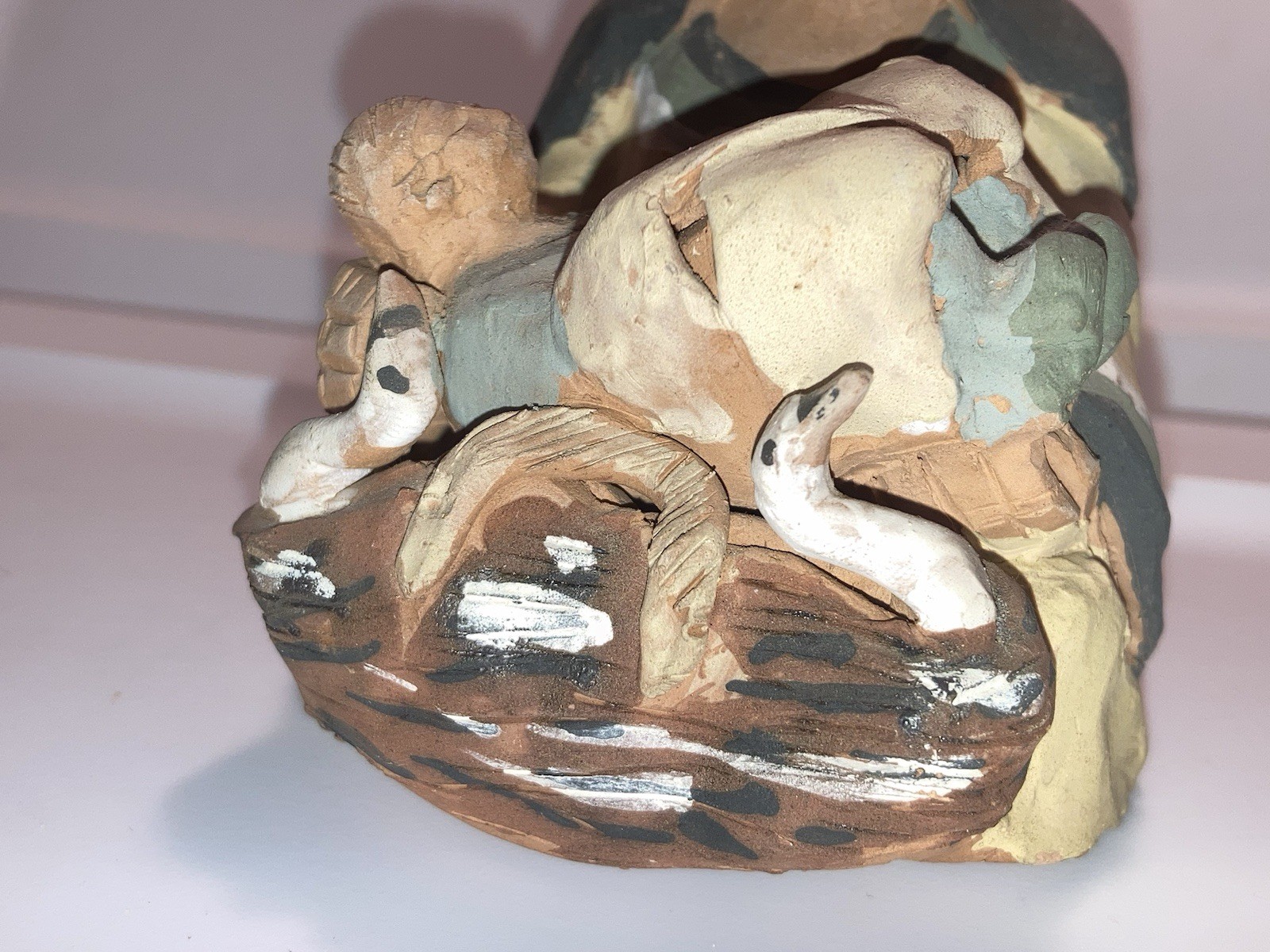 Egyptian Terracotta Clay Snake Charmer Figurine Holding Child Over Cobras Signed