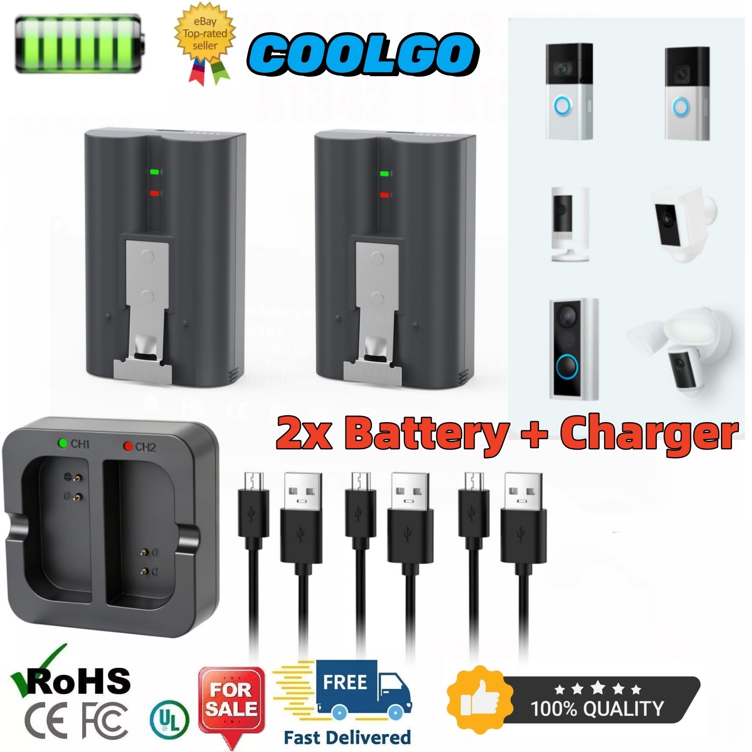 2 Pack 8000mAh Rechargeable Battery and Charger Station for Ring Doorbell 2/3/4