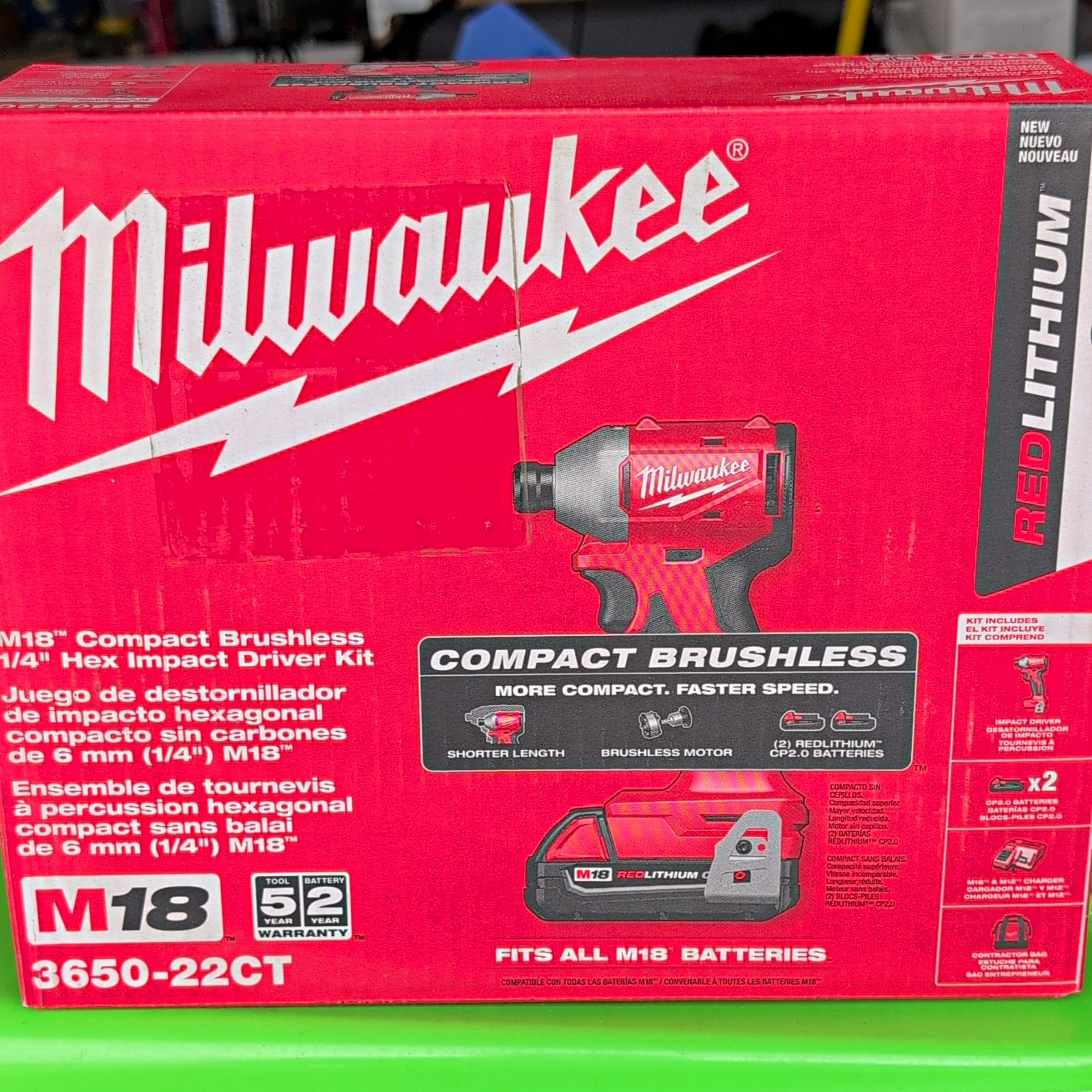 Milwaukee M18 3650-22CT Brushless Compact 1/4″ Hex Impact Kit 2×2.0Ah