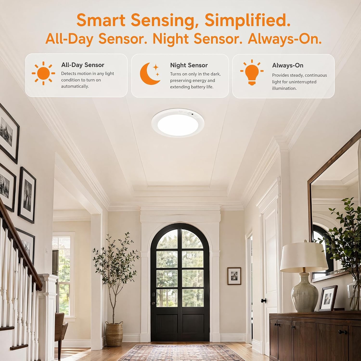 7.5in Rechargeable Motion Sensor Ceiling Light, 6000mAh, 3 Color Dimmable