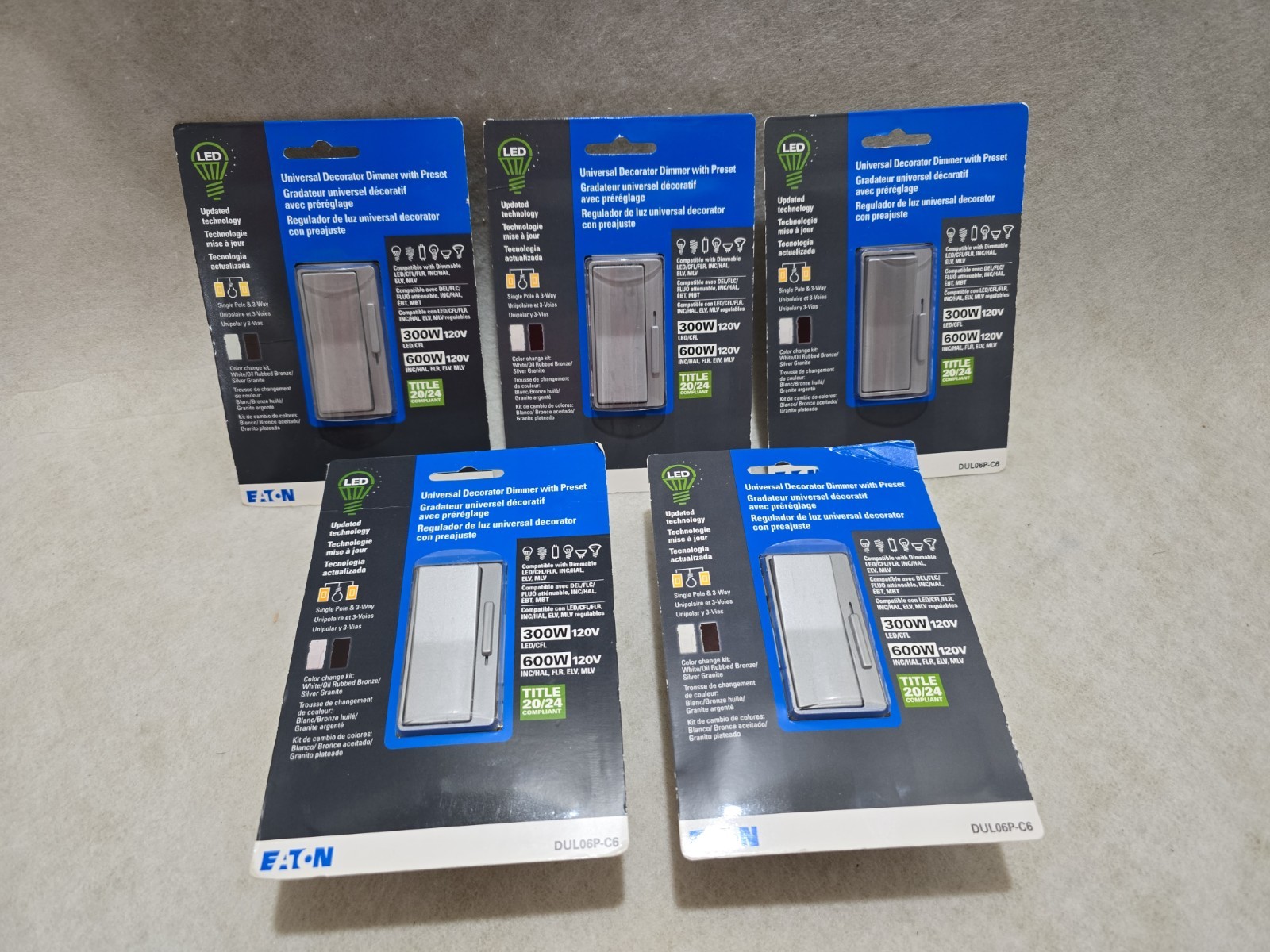 Lot of 5 Eaton LED Universal Decorator Dimmer with Preset DUL06P-C6