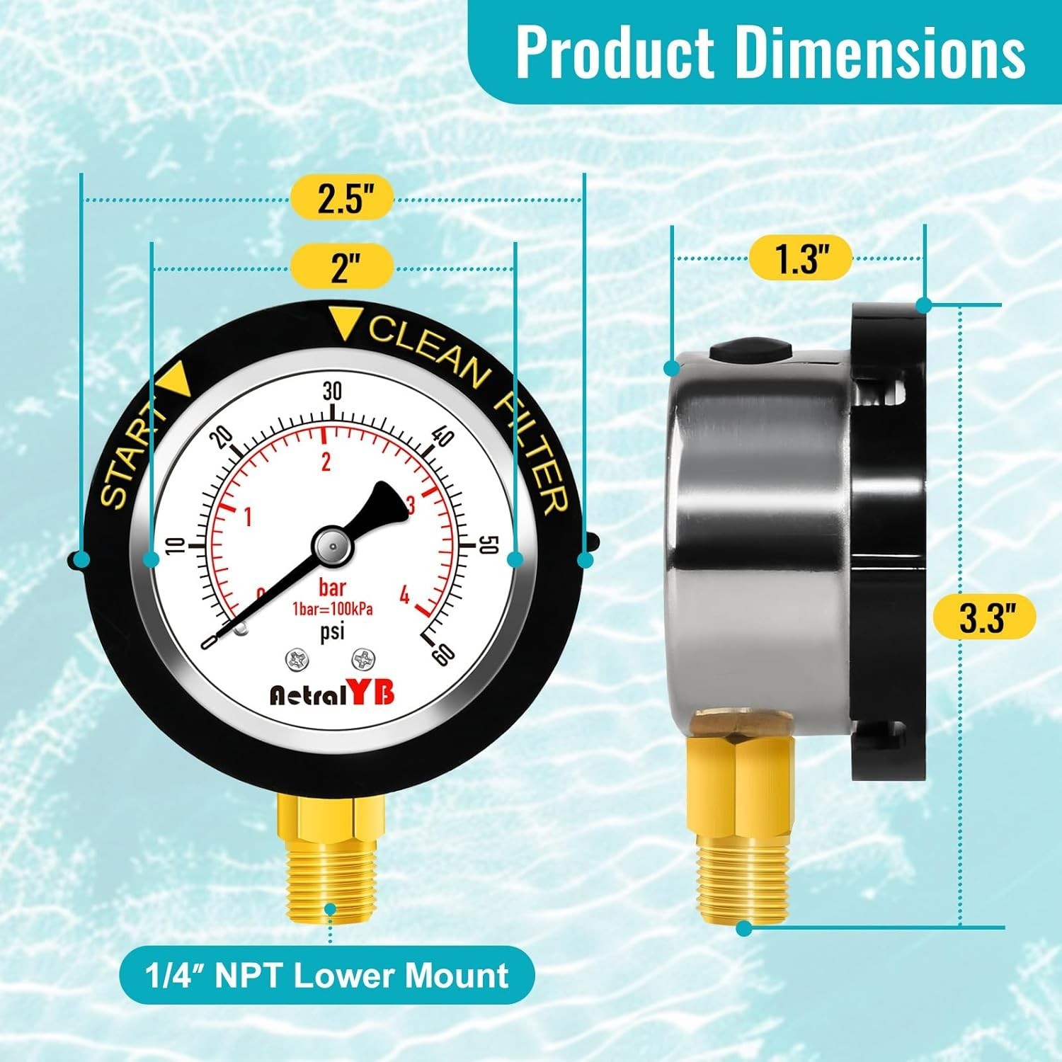 Pool Filter Pressure Gauge, 304 Stainless Steel, IP67 Waterproof, 0-60 Psi/Bar,