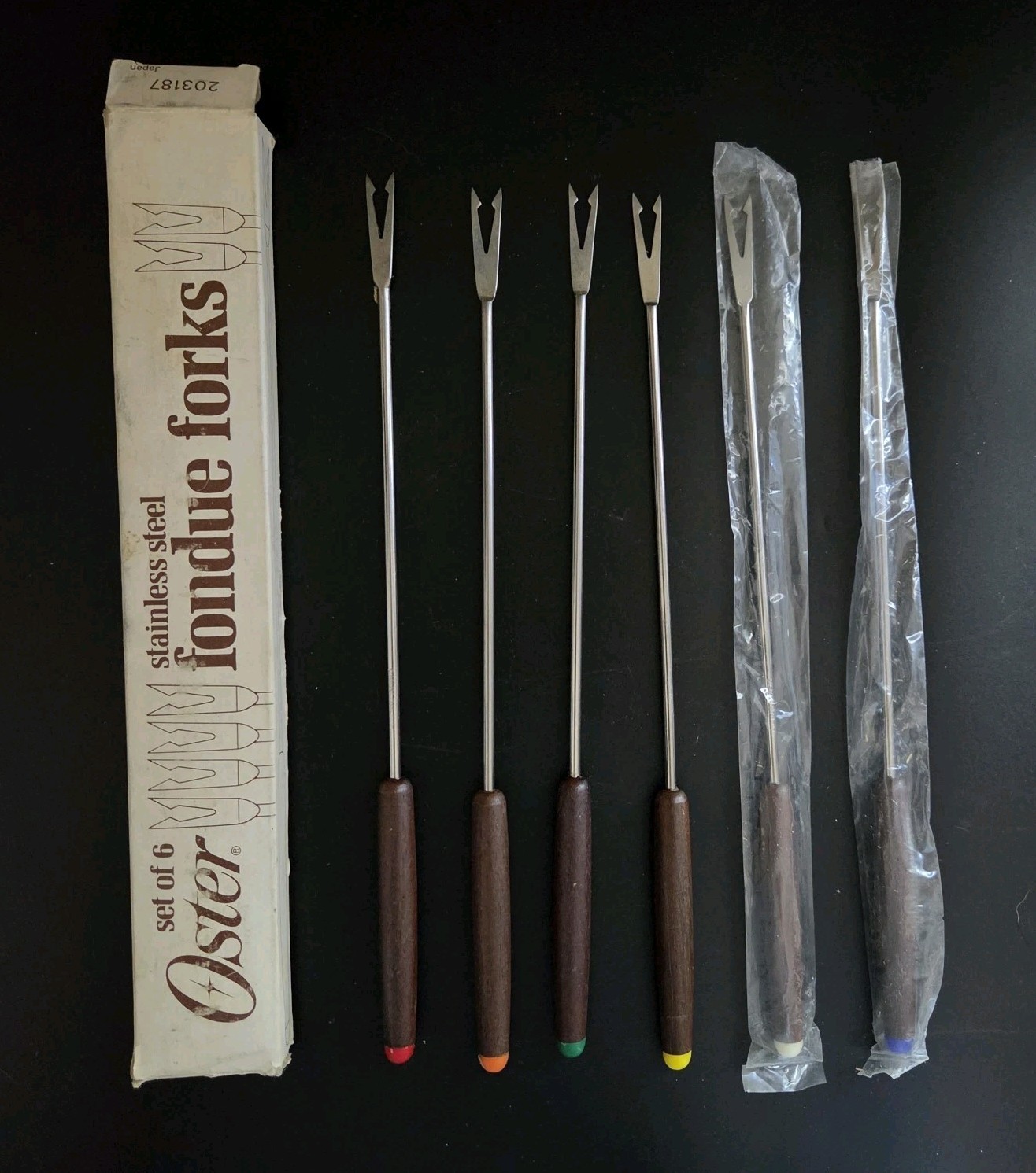 VTG Oster Fondue Forks Stainless Steel Wood Handles Color Coded Japan Set 6 A8