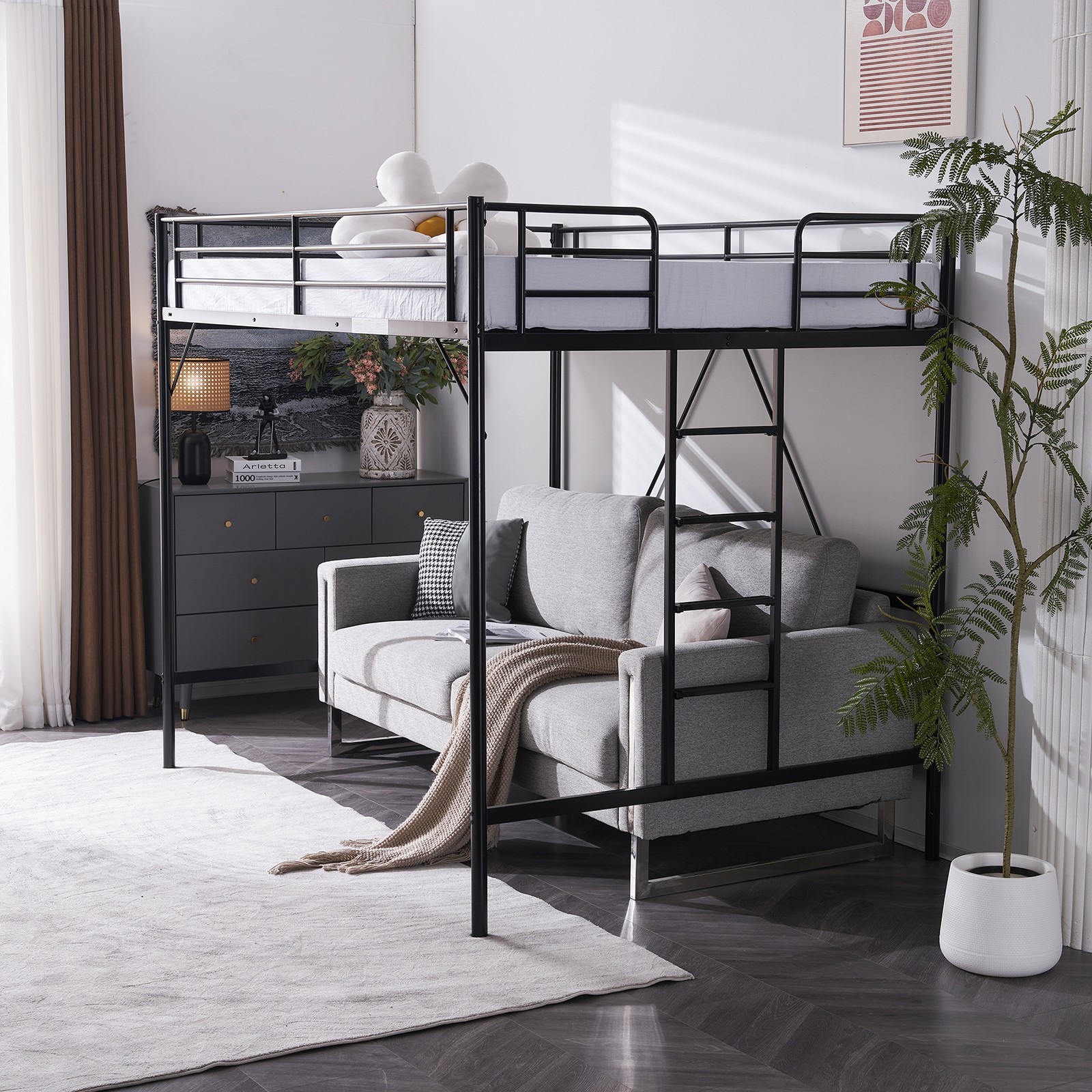 Metal Loft Bed with Built-in Ladders Loft Bed Full Size for Adults Kids Teens