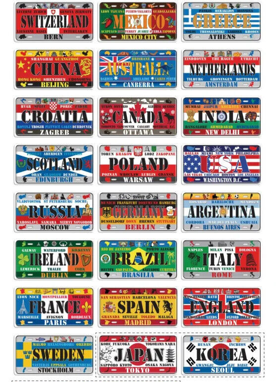 World Countries Travel Decorative License Metal Plates Tin Sign Wall Plaques
