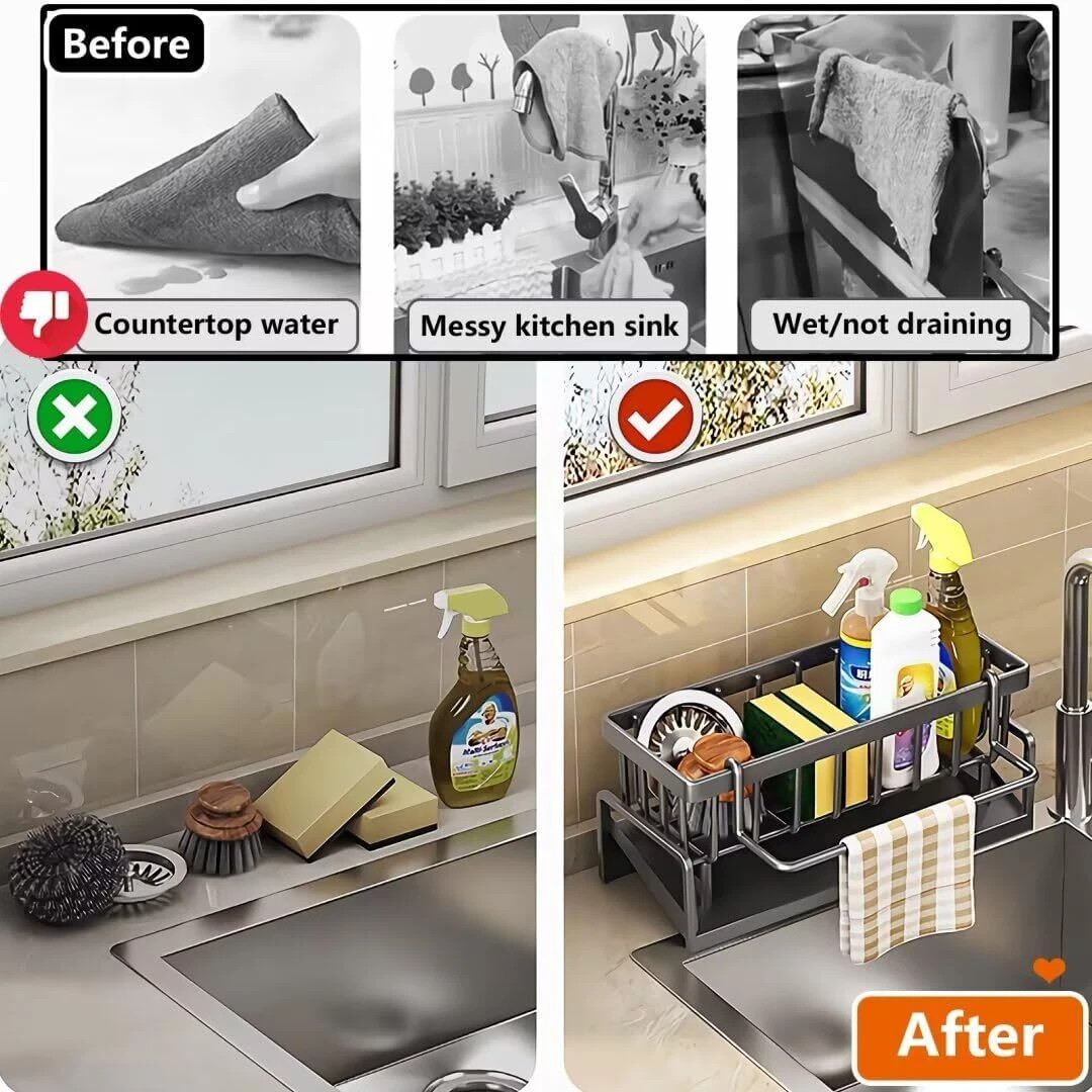 Kitchen Sink Caddy Organiser with Self Draining Tray, Sponge Holder Brush Holder