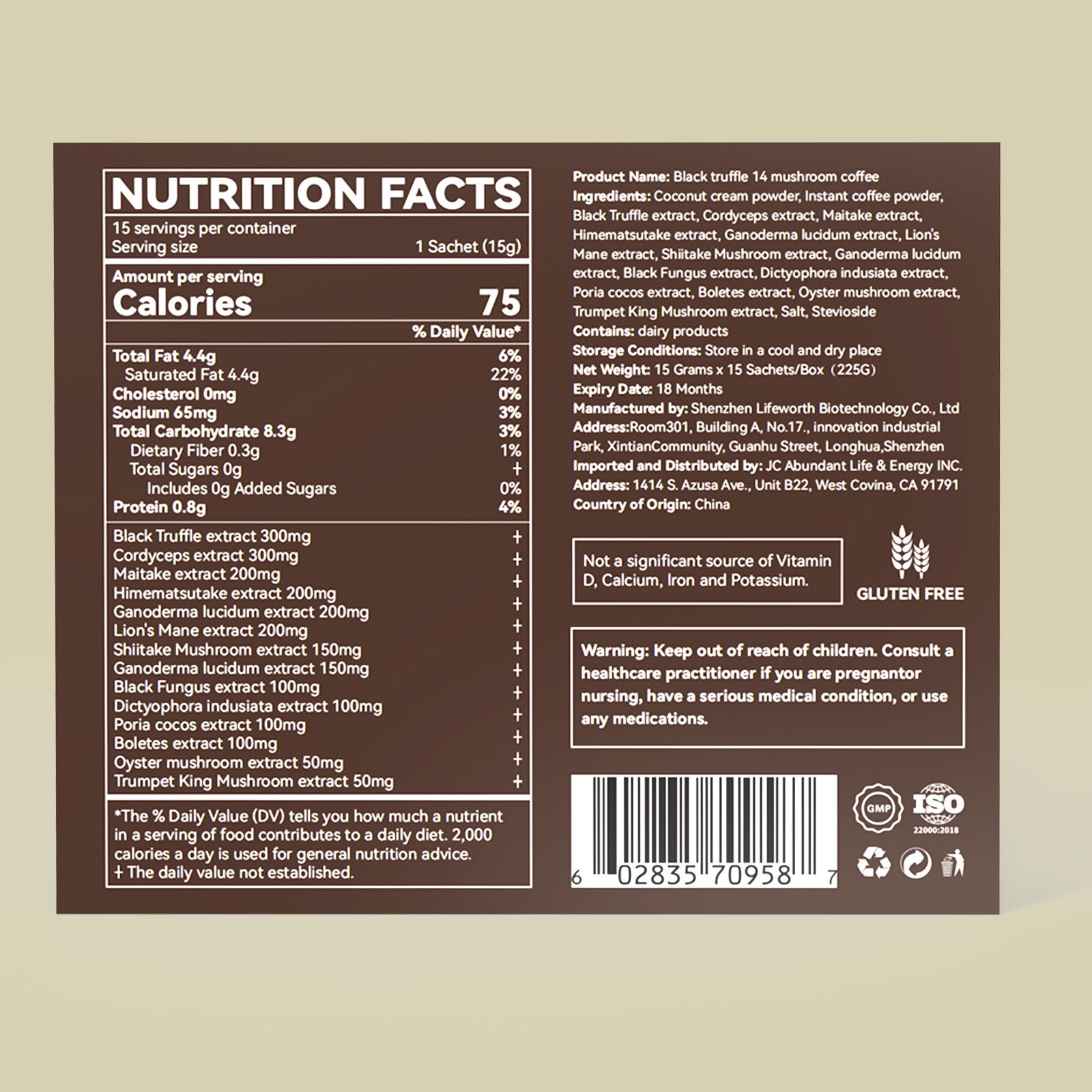Organic Mushroom Coffee Instant Coffee, 14 Mushroom Extract Energy & Brain Boost