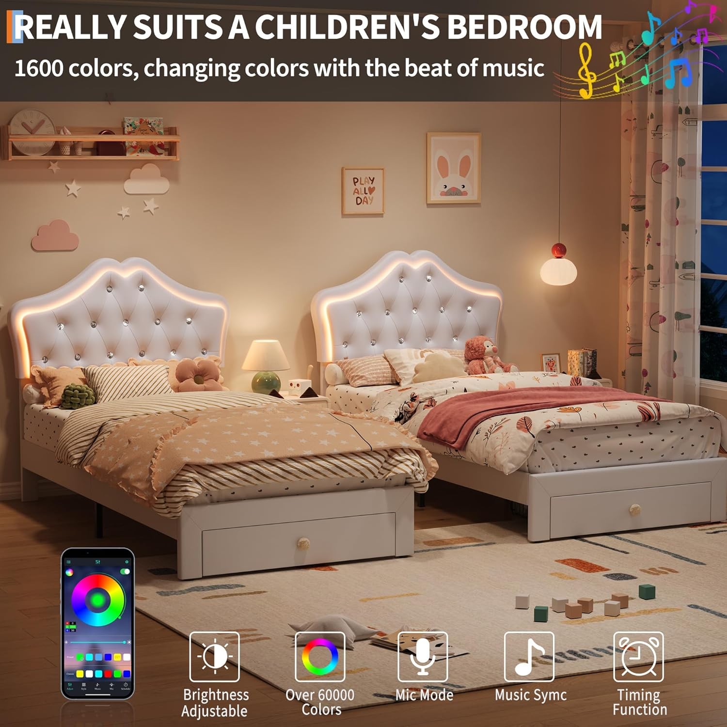 Twin Size Upholstered Bed Frame w/ Storage Drawer & LED Headboard for Kids/Girls