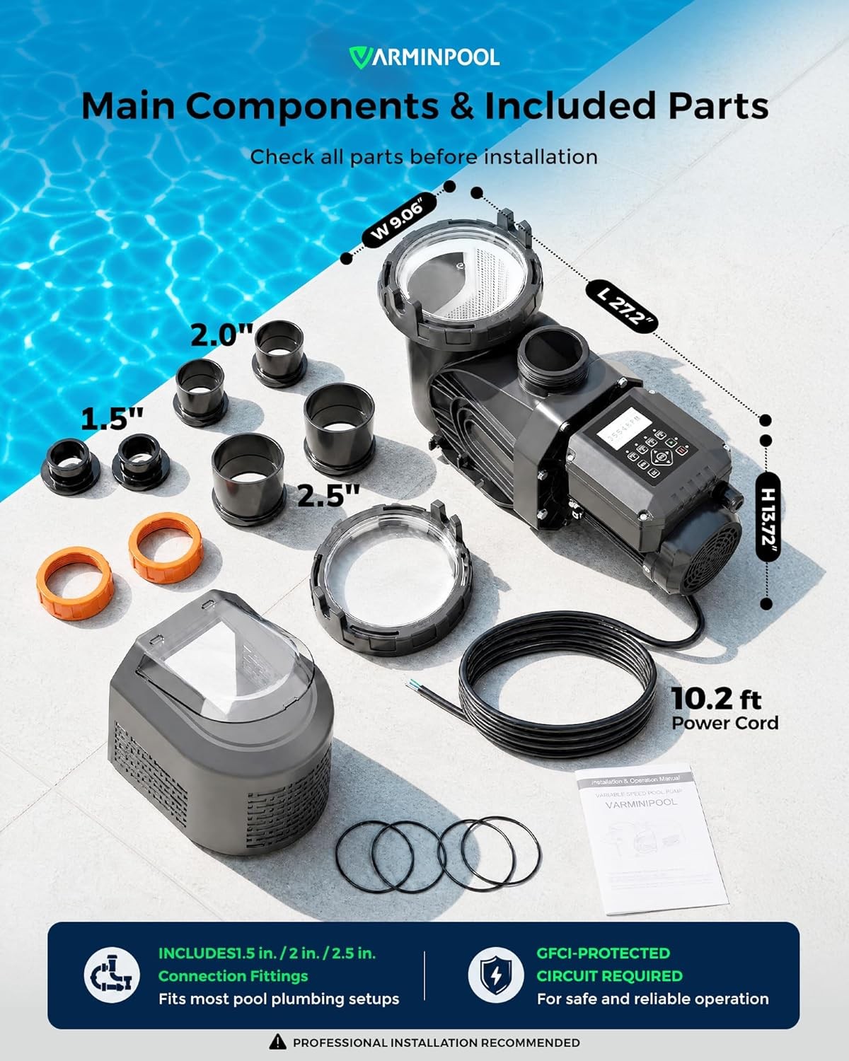VARMINPOOL VS 2.5HP XKP1807BP VSP Variable Speed Swimming Pool Pump 240V