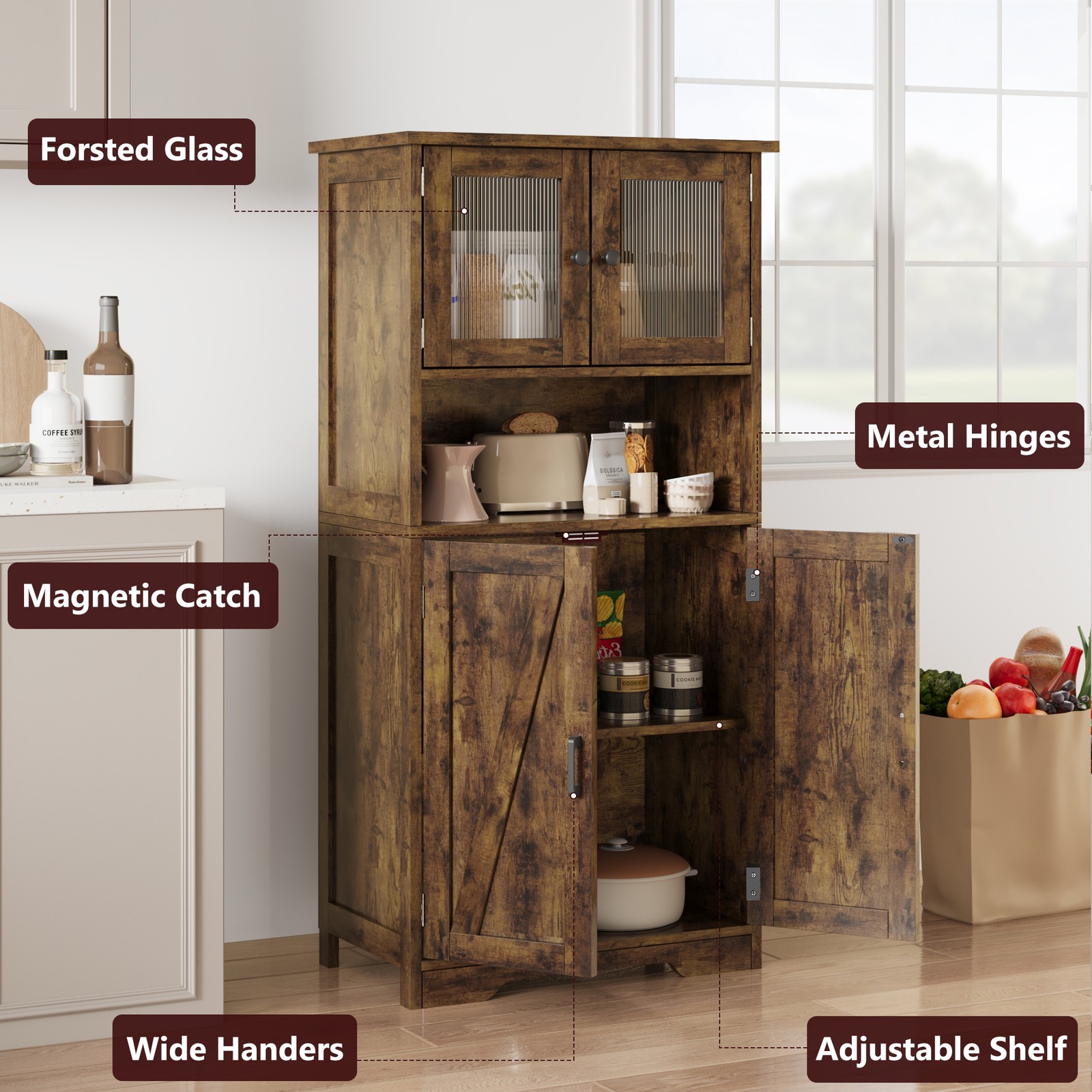 Storage Cabinet with Glass Doors & Adjustable Shelves, Kitchen Pantry Cabinet