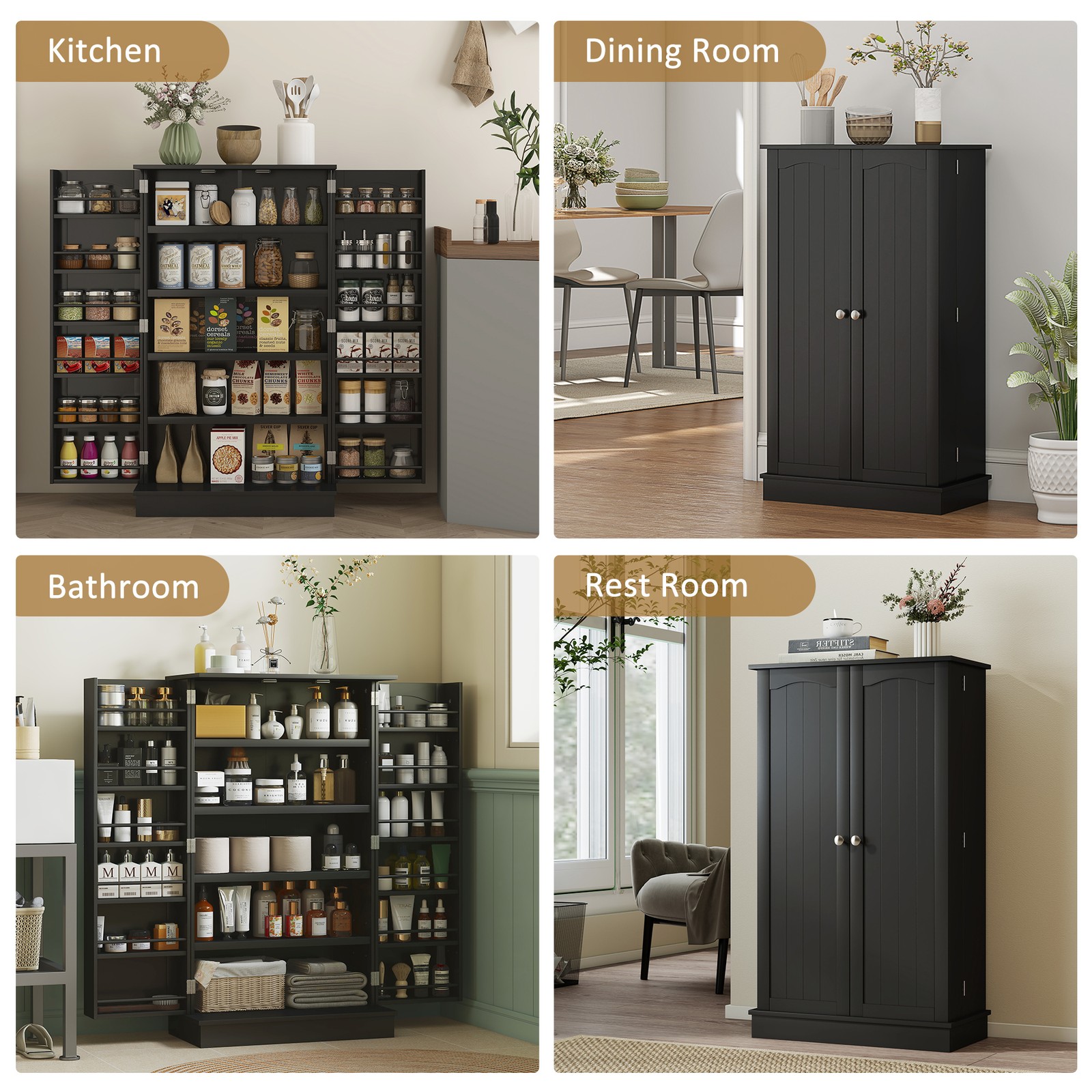 5-tier Kitchen Pantry Cabinet, Food Storage with 12 Door Shelves, Double Doors