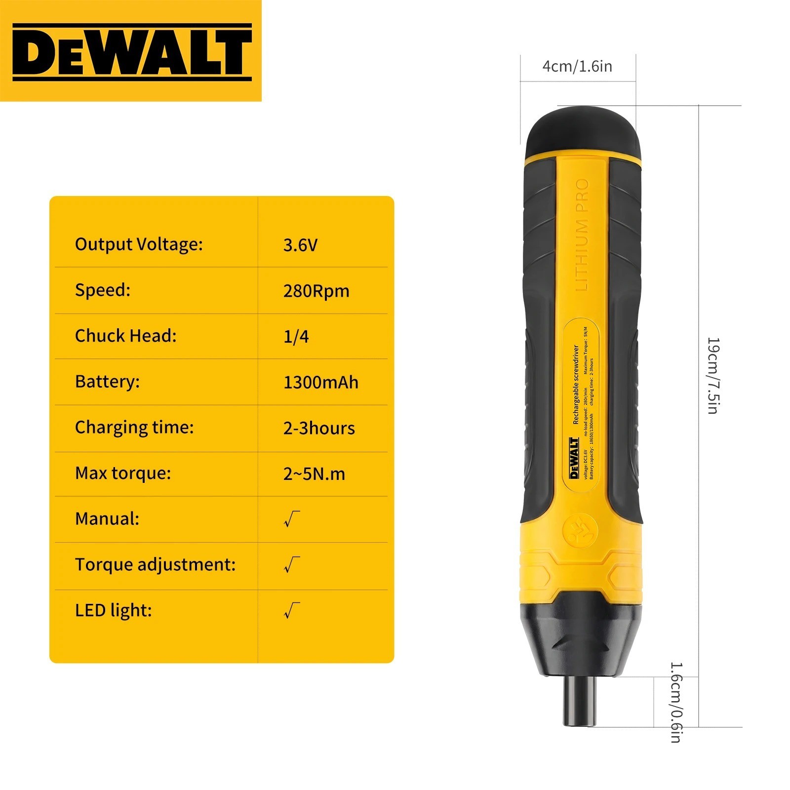 3.6V Cordless Electric Screwdriver 1/4 Hex Quick-Change 5N.m USB-C LED Bare Tool