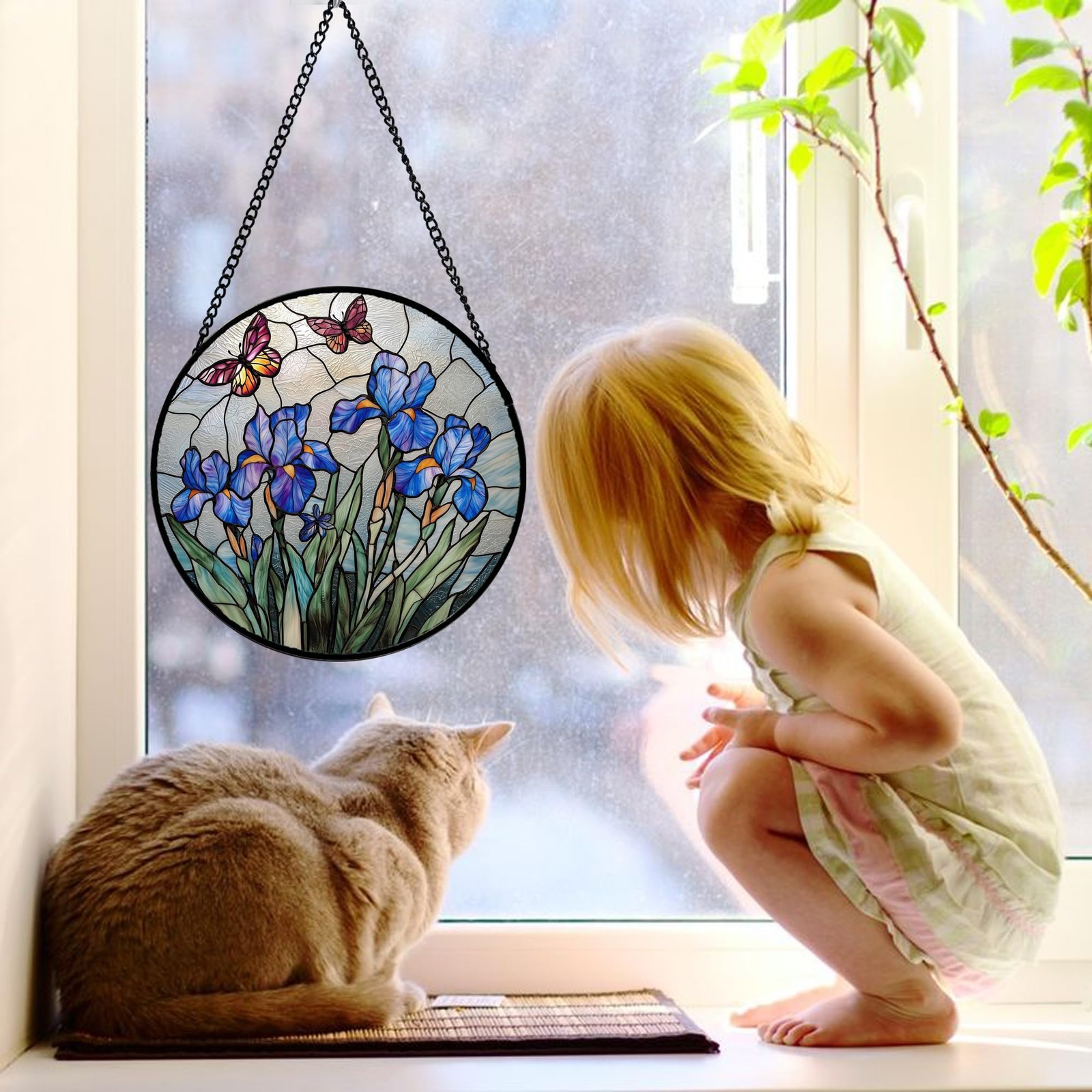 Blue Iris Butterfly Stained Glass Suncatcher Panel, 9.8 in Decorative Art