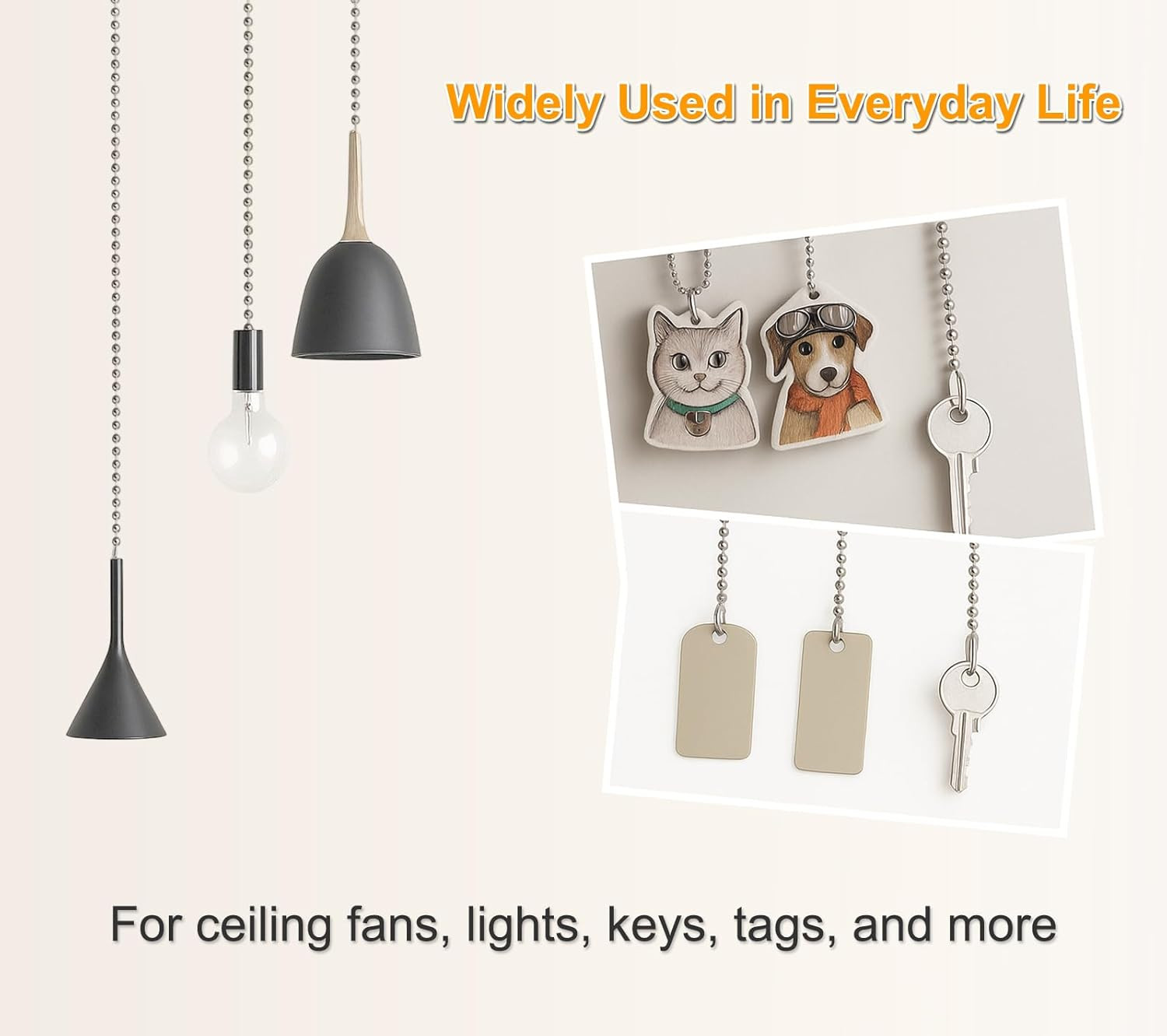 120in Stainless Steel Pull Chain Extender 3mm Ball Chain 12 Connectors Fan Light