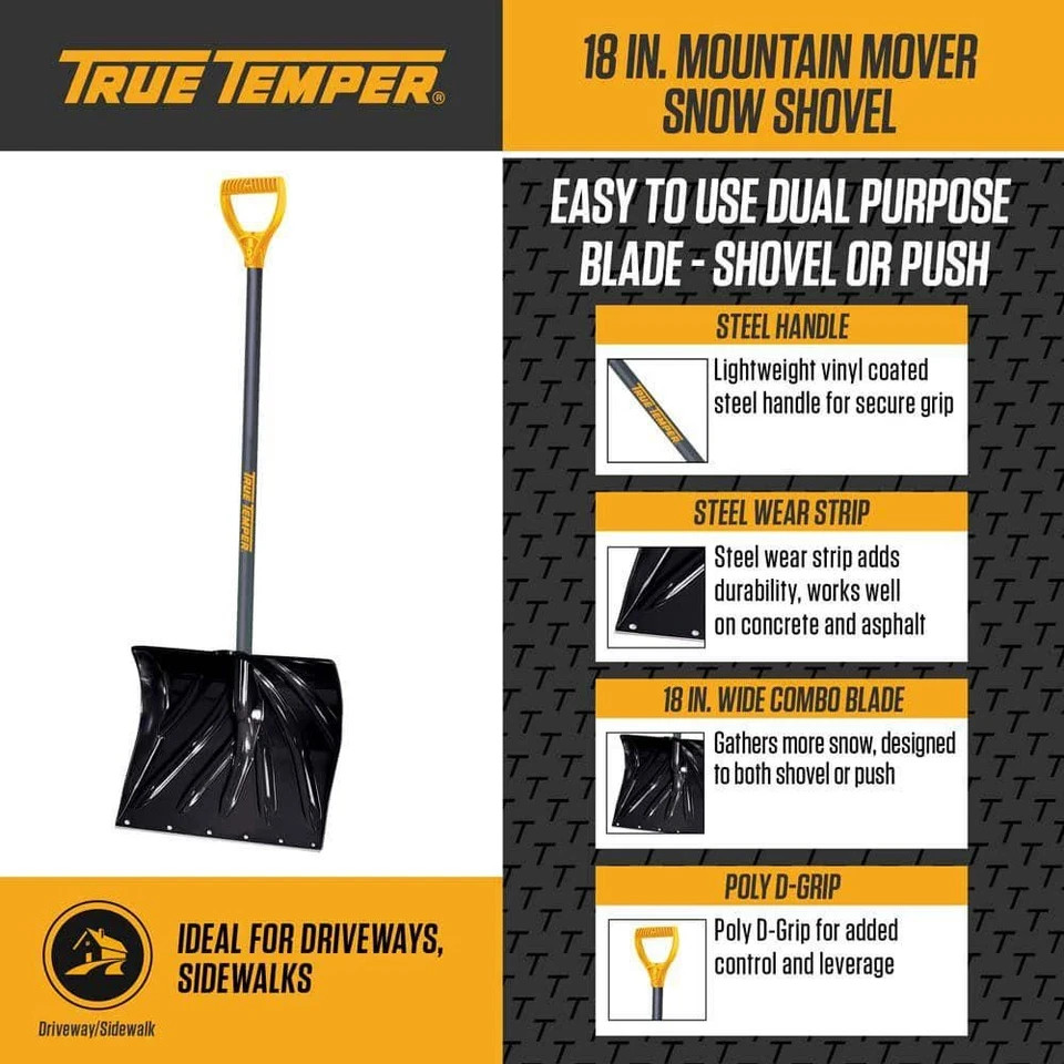 True Temper Mountain Mover Snow Shovel 18in Poly Blade Steel Handle D-Grip
