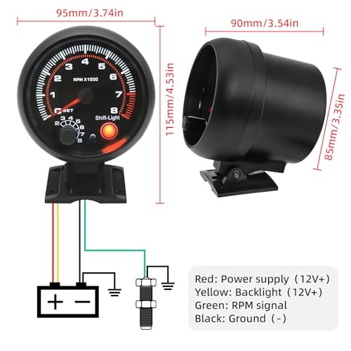 RPM Tachometer Gauge with Shift Light for Car 0-8000 RPM 3-3/4″ 95mm Tach