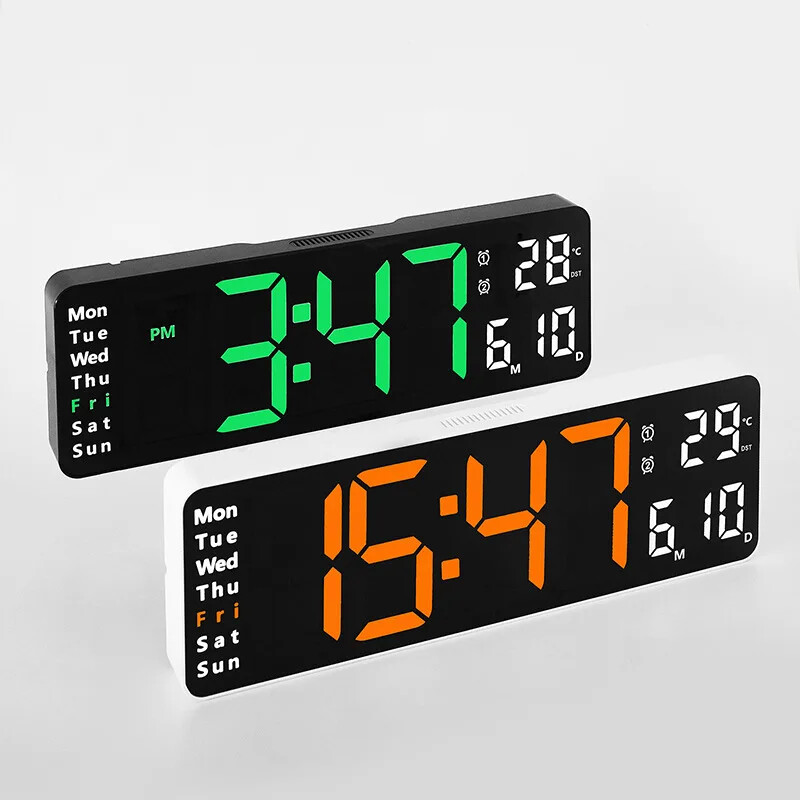 Large LED Digital Wall Clock Remote Control Temp Date Week Display Memory Watch